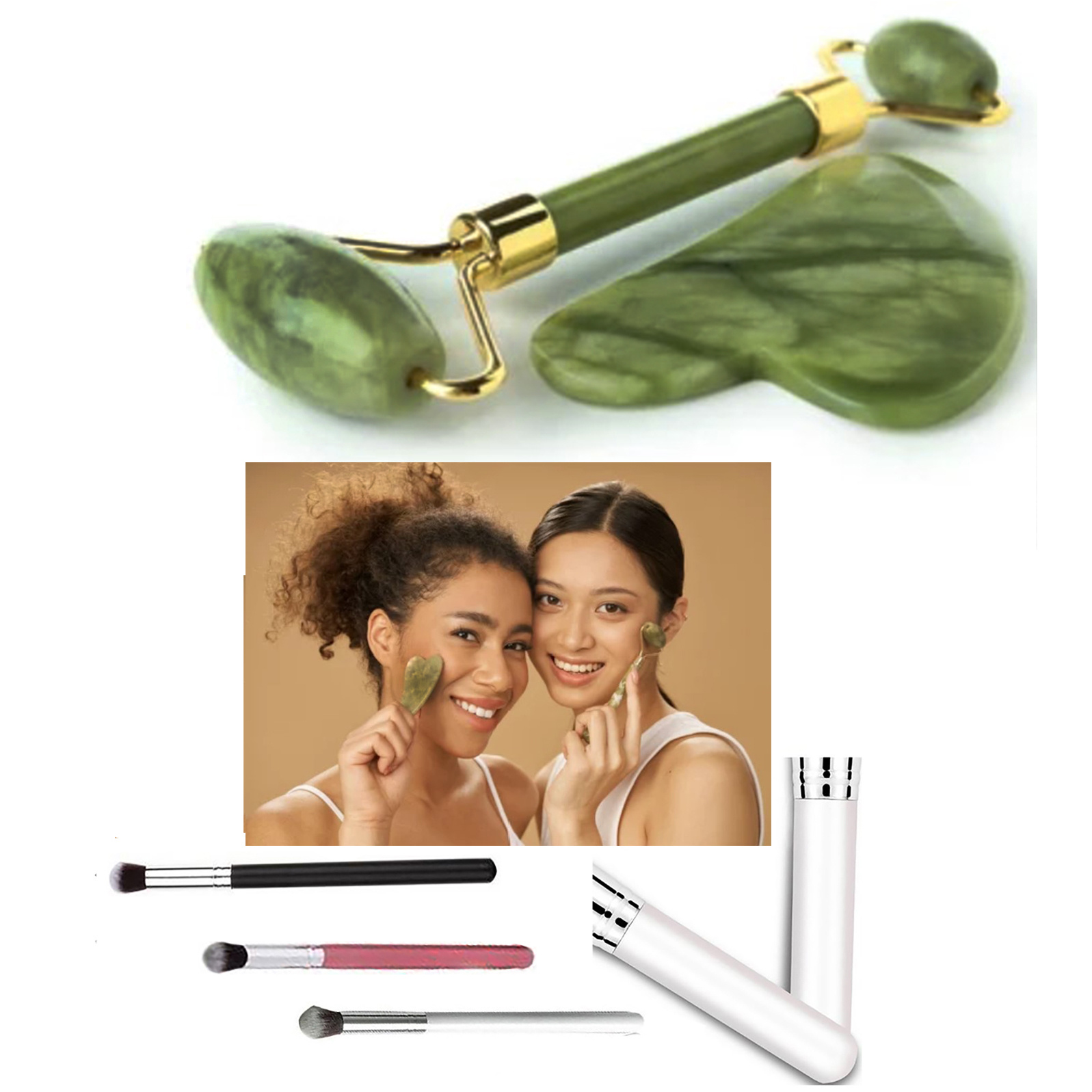 TEMU Hk Online Facial Roller & Gua Sha Set & 1 Kabuki Brush- Glow Boosting, De-, Deep Moisture Massage, Lifting & Tightening