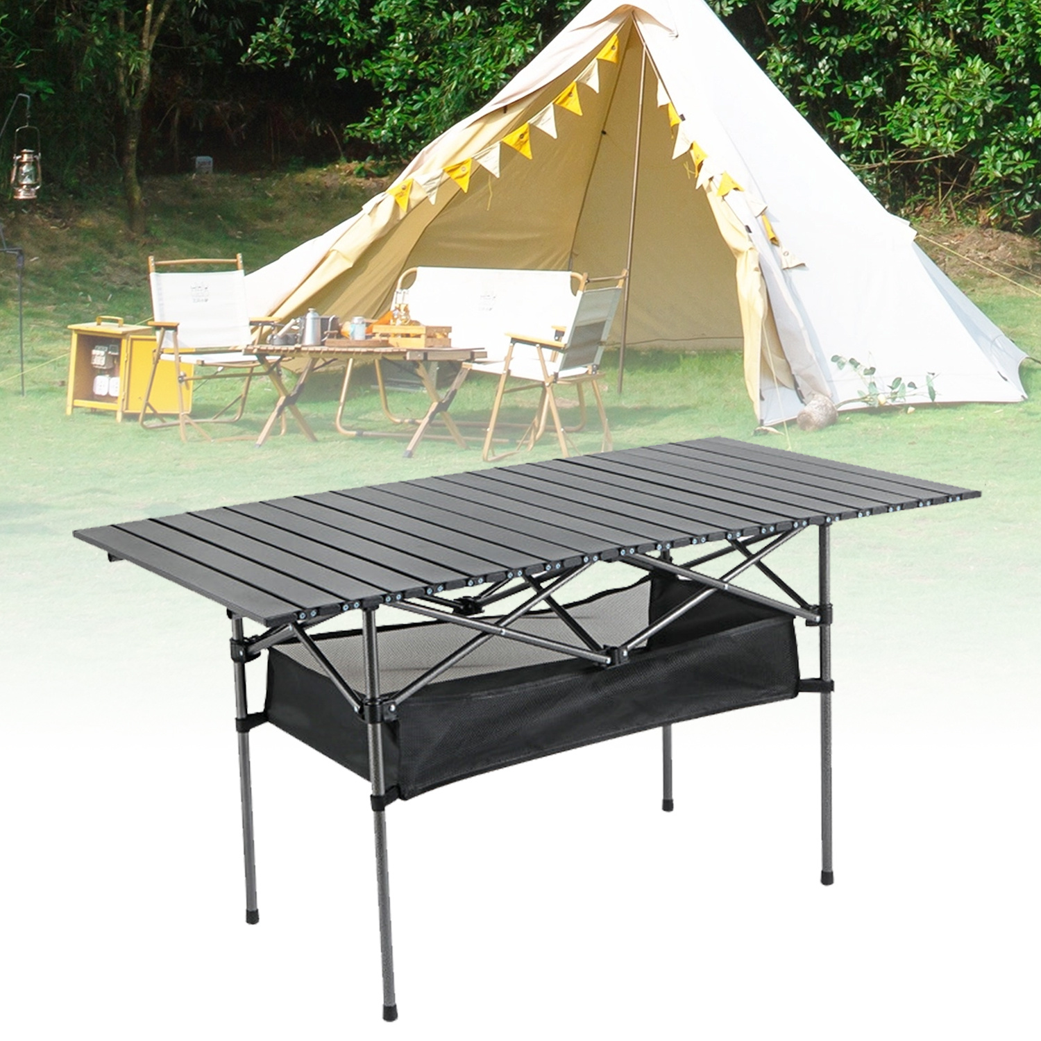 TEMU Outdoor Table, Portable Folding Camping Table, Lightweight Foldable Outdoor Picnic Table, With Mesh Storage Bag, Multifunctional Travel Table,