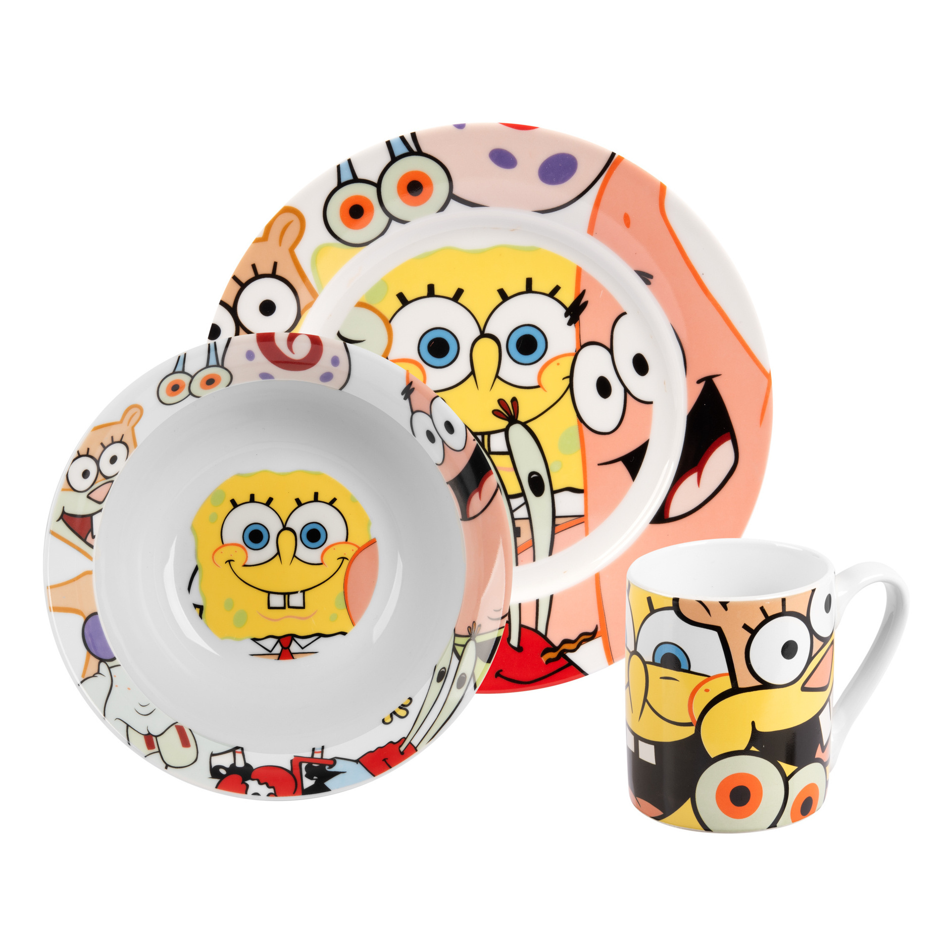 Spongebob Breakfast Set - Children's Dish Set 3-pc. Plate, Bowl & Cup Made Of Porcelain
