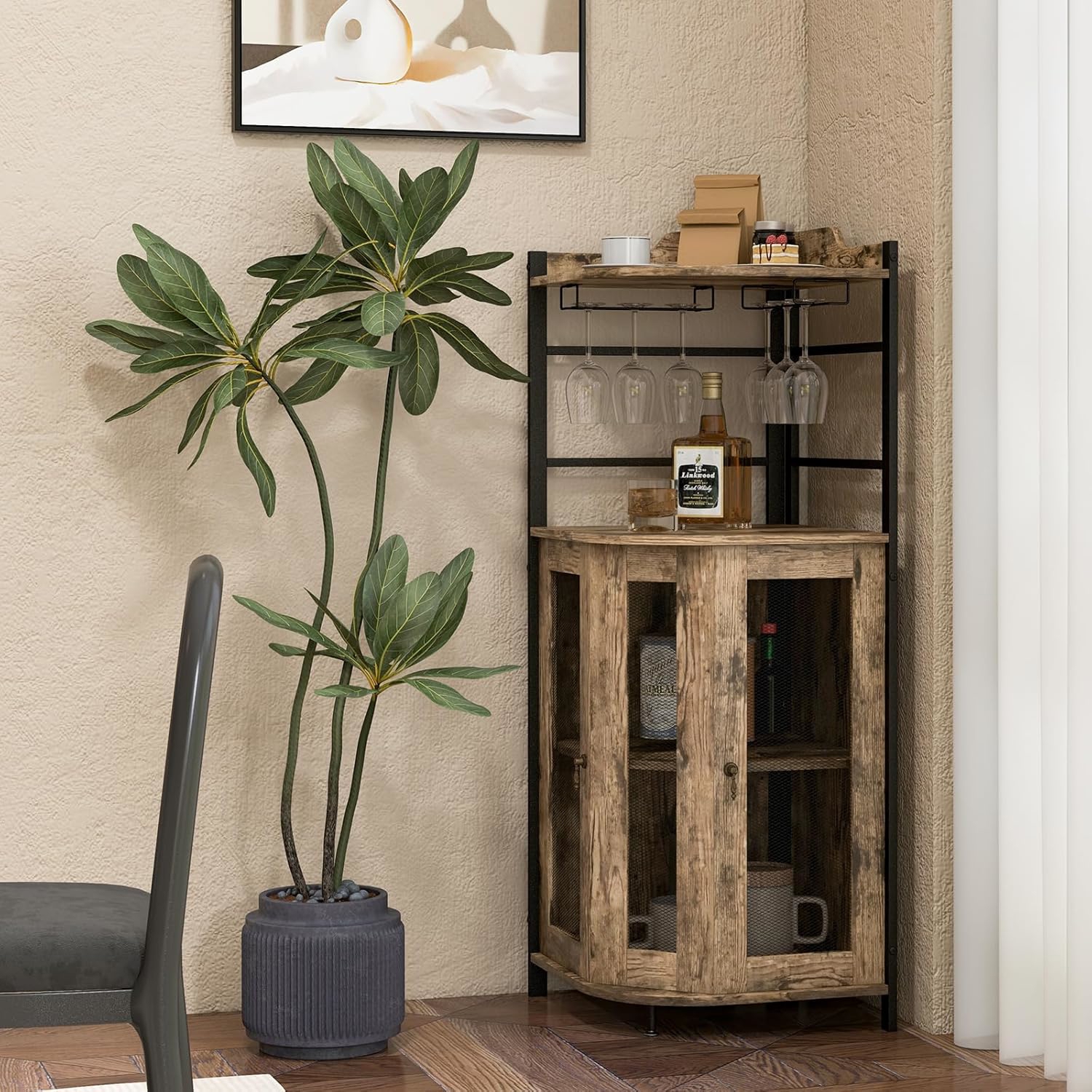 Cabinet With Glass Holder, Industrial Wine Cabinet With Metal Mesh Doors And Adjustable Shelf