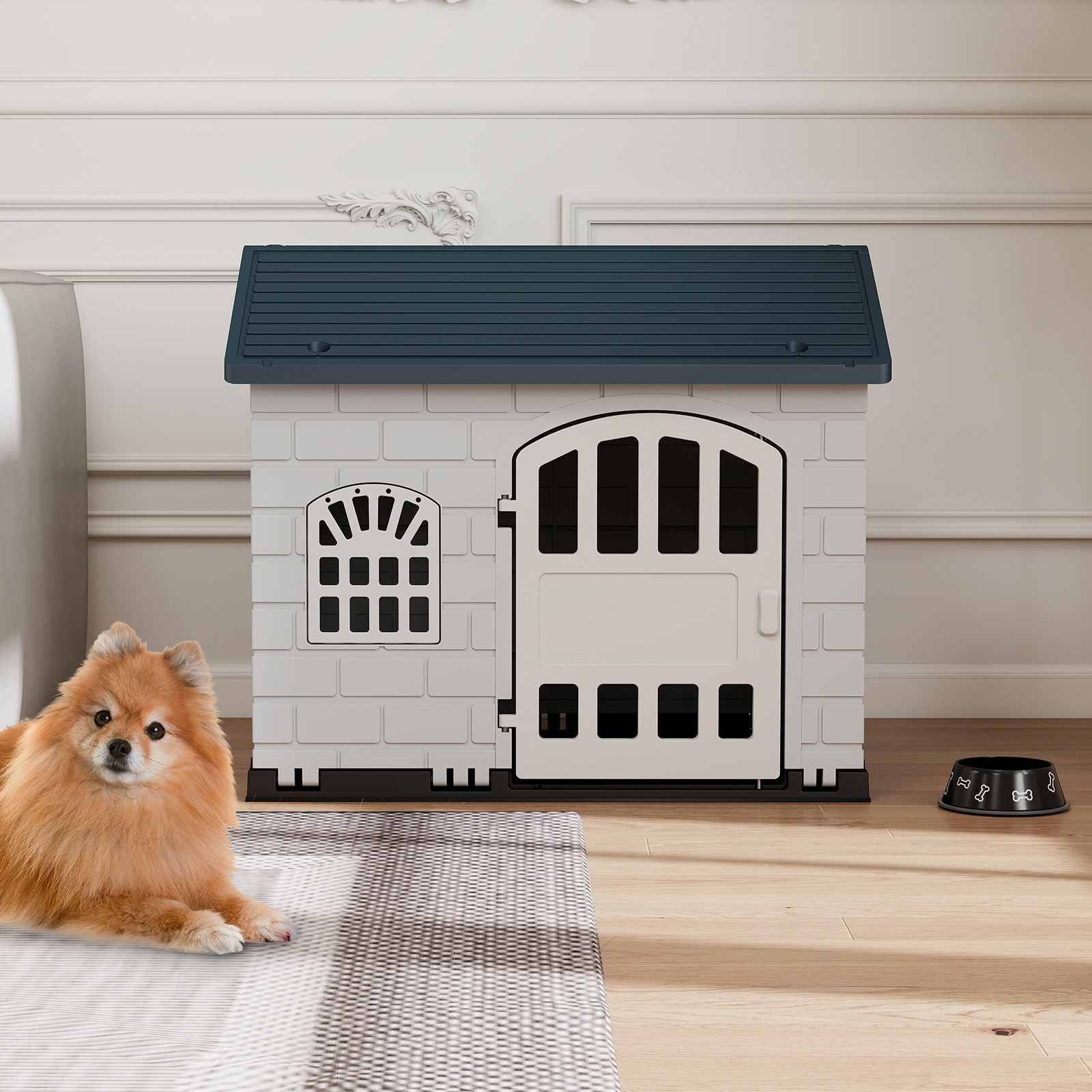 Plastic Dog House, Large Doghouse Puppy Shelter With 3 Windows Lockable Door, Roof