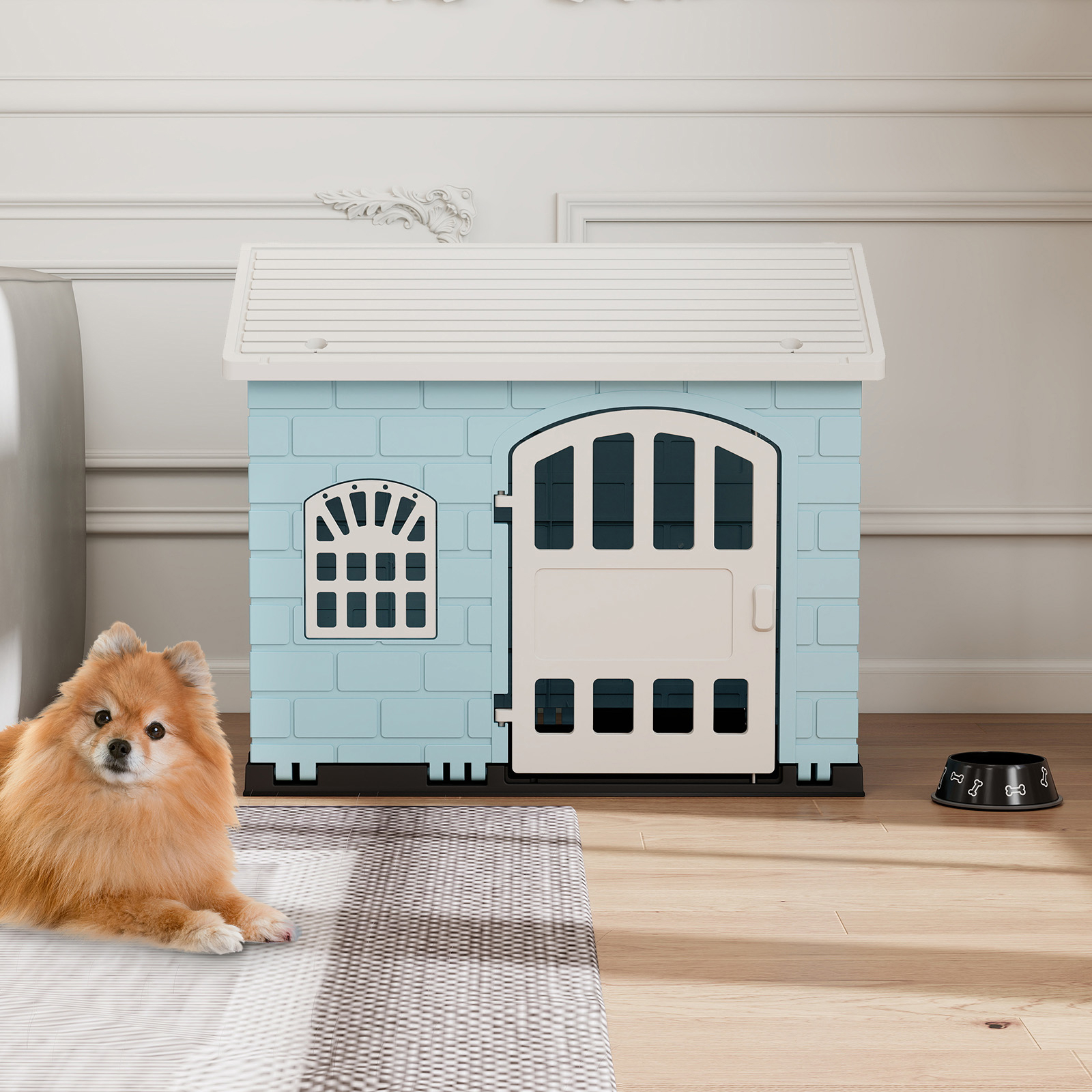 Image of Plastic Dog House, Large Doghouse Puppy Shelter With 3 Windows Lockable Door, Roof