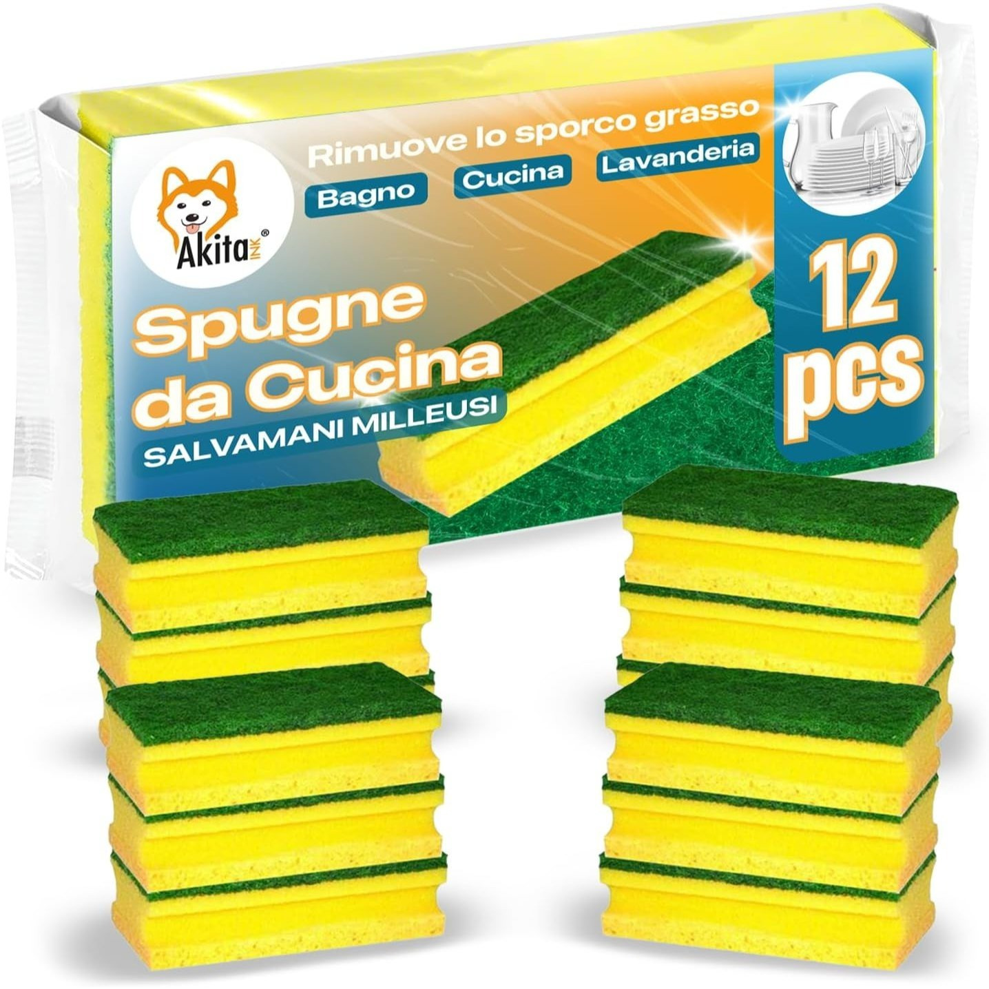 Akitaink Scratch-free Abrasive Dish Sponge, Absorbent Kitchen Hand-safe Sponge, Delicate Sponges - Pack Of 12 - Ideal For Pots And Glass