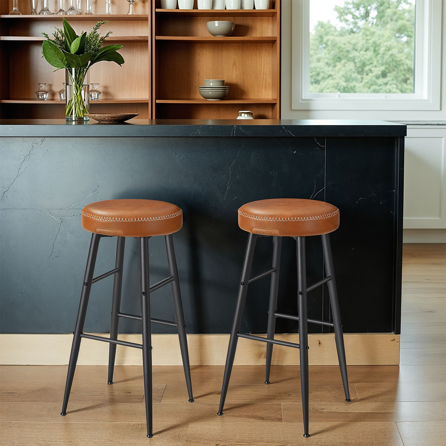 Bar Stool 2pcs Set, Counter Stool, Kitchen Chair, Artificial Leather, Home Bar, Caramel Brown