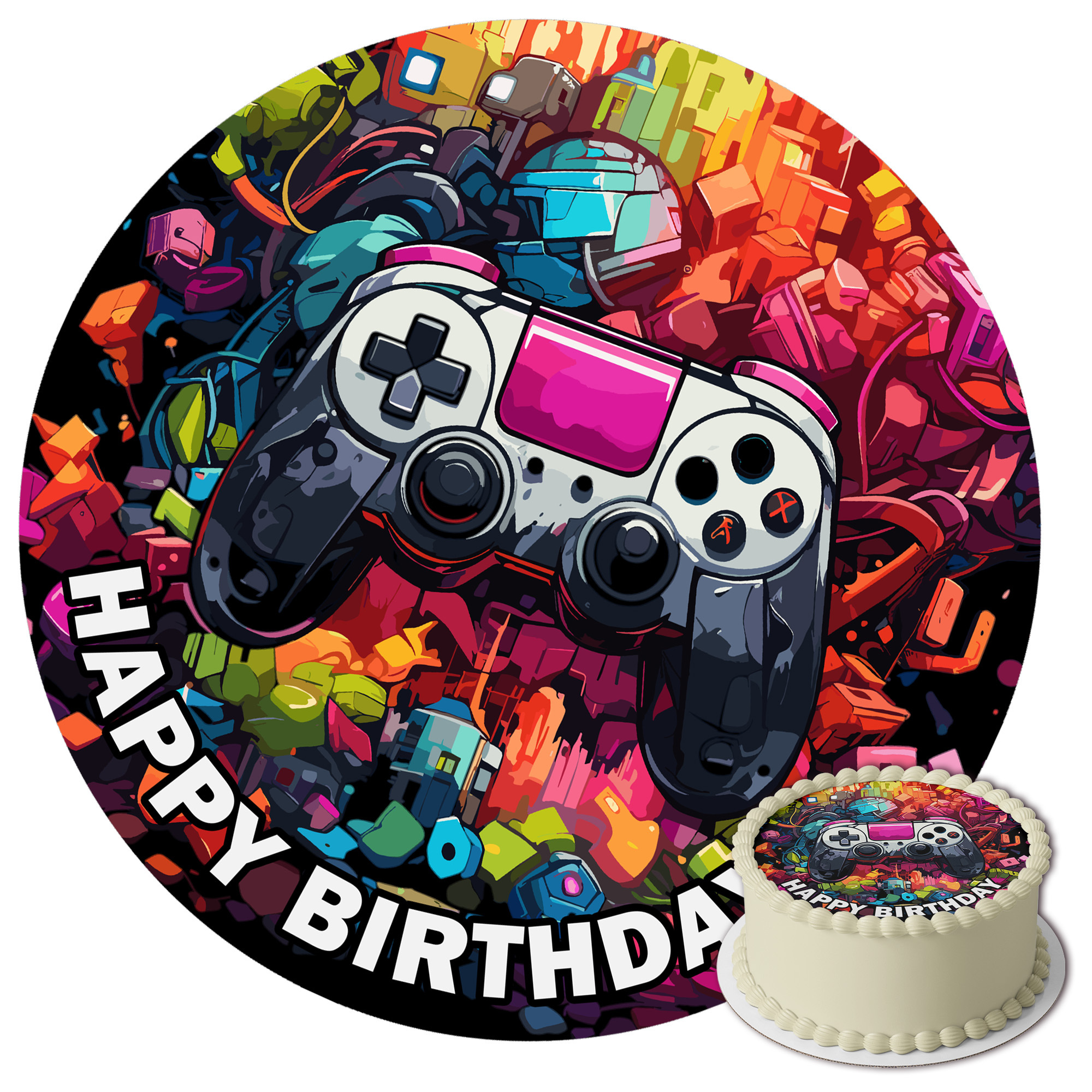 E-shop J& Gamer Tortenaufleger 20 cm – essbare Tortendeko – Zuckerpapier Gaming-Motiv für Jungengeburtstag