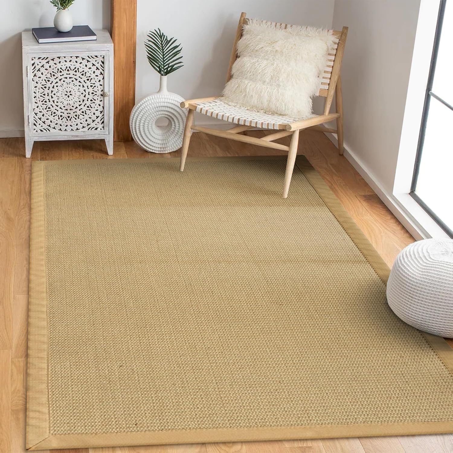 Image of Floordirekt - Natural Fiber Carpet With 4.5 Cmborder - Made Of Real Sisal - In 7 Sizes - For Home - Living Room Carpet & - Sizes - Easy To Clean - Slip-resistant Latex Backing - With 4.5 Cm Wideborder