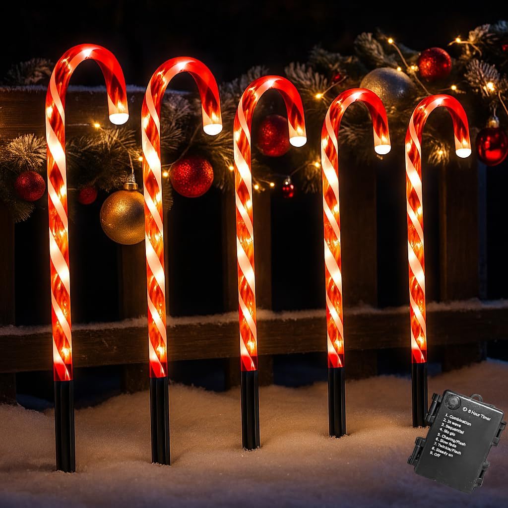 TEMU Just For Christmas Candy Cane Led Pathway Stake Lights – Battery Operated Outdoor Path Yard Lawn Christmas