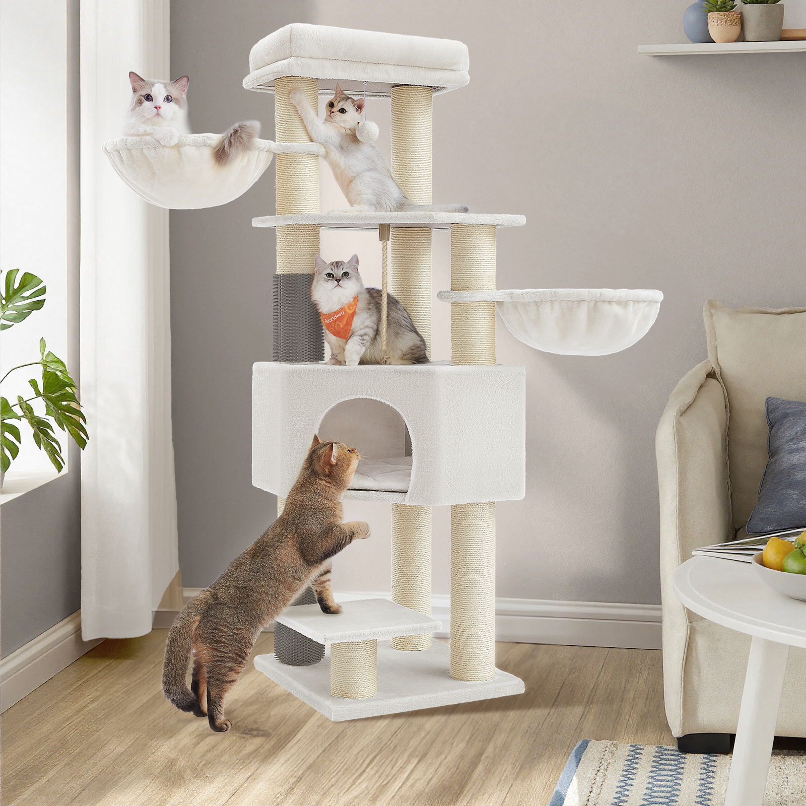 E-shop 2 Katzenbürsten, Katzenkratzbaum für große Katzen, 11,1 cm dicke Pfosten, große Plattformen, Höhle, 50 x 50 x 160 cm, Cremeweiß Beige