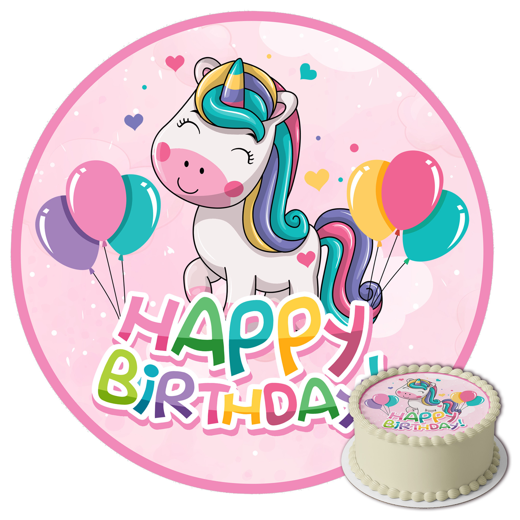 Image of J& Unicorn Cake Topper 20 Cm - Edible Cake Decoration With Rainbow Motif - Cake Image For Girls' Birthday