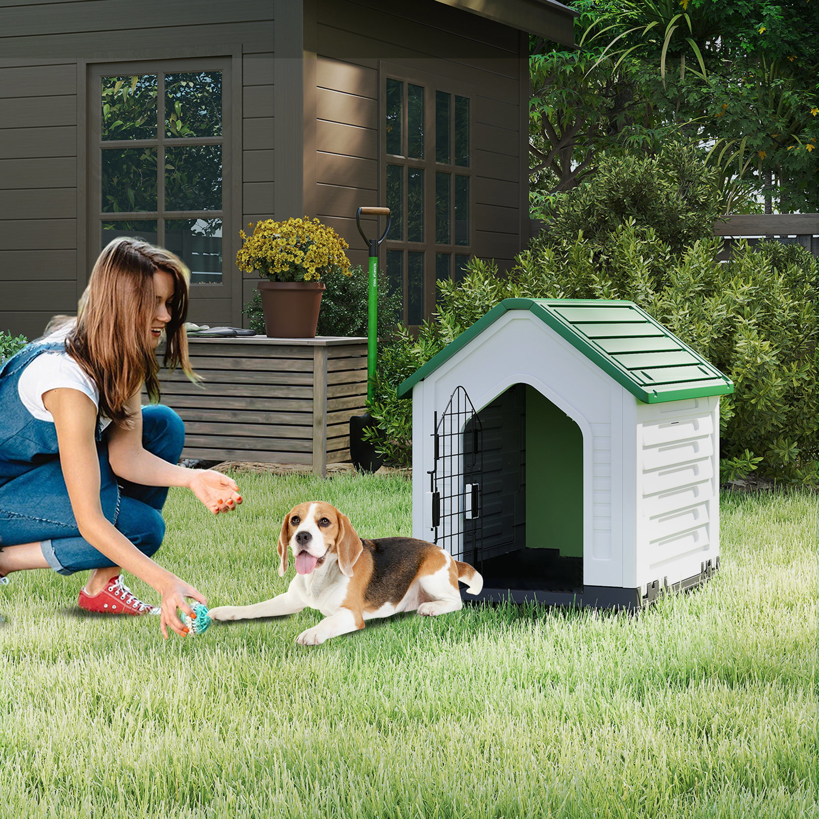 Image of Plastic Dog House, Doghouse Puppy Shelter With Lockable Mesh Door And Elevated Floor, Air Vents, Roof