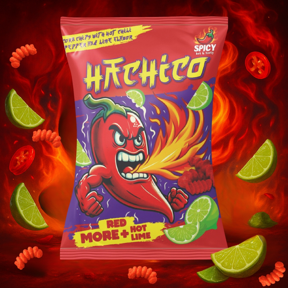 Image of Hachico More Red + Hot Lime - Fiery Red Hot Lime Chili Chips Snack - Spicy Corn Chips With Hot Lime Flavor - Crispy, Refreshing & Exotically Fiery