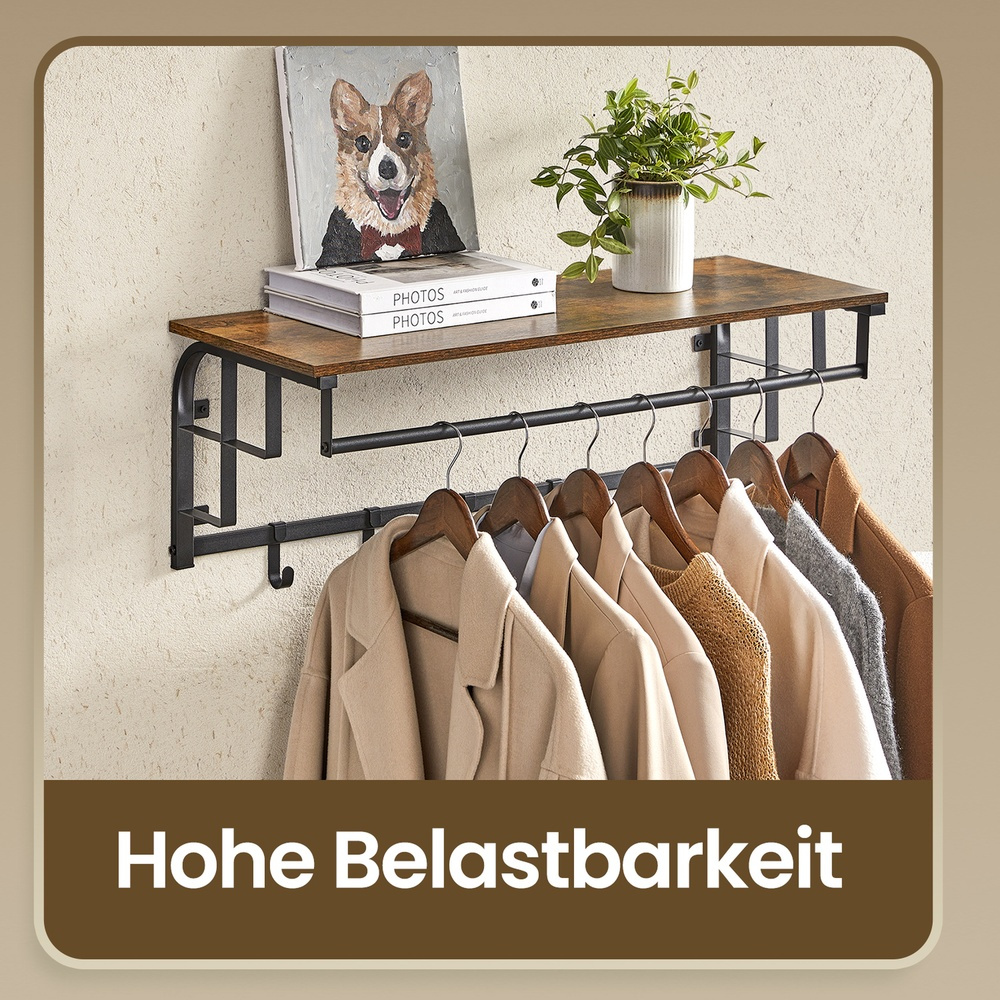 Wall Coat Rack With Storage Shelf, Wall Shelf, Hanging Rack With Clothes Rail, 5 Removable Hooks, For Entryway, Brown-black