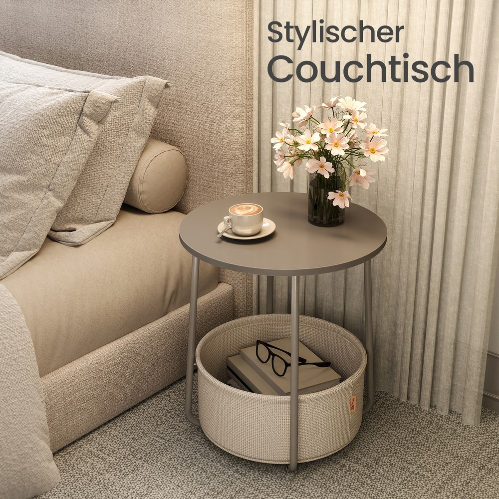 Small Coffee Table, Round Side Table, Small Table, Living Room Table With Fabric Basket, Storage Space For Living Room Bedroom