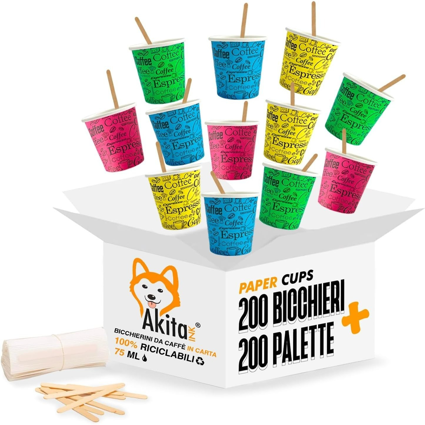 Akitaink - Complete Kit With 200 75ml Paper Espresso Coffee Cups + 200disposable Spoons - Sustainability In Sip