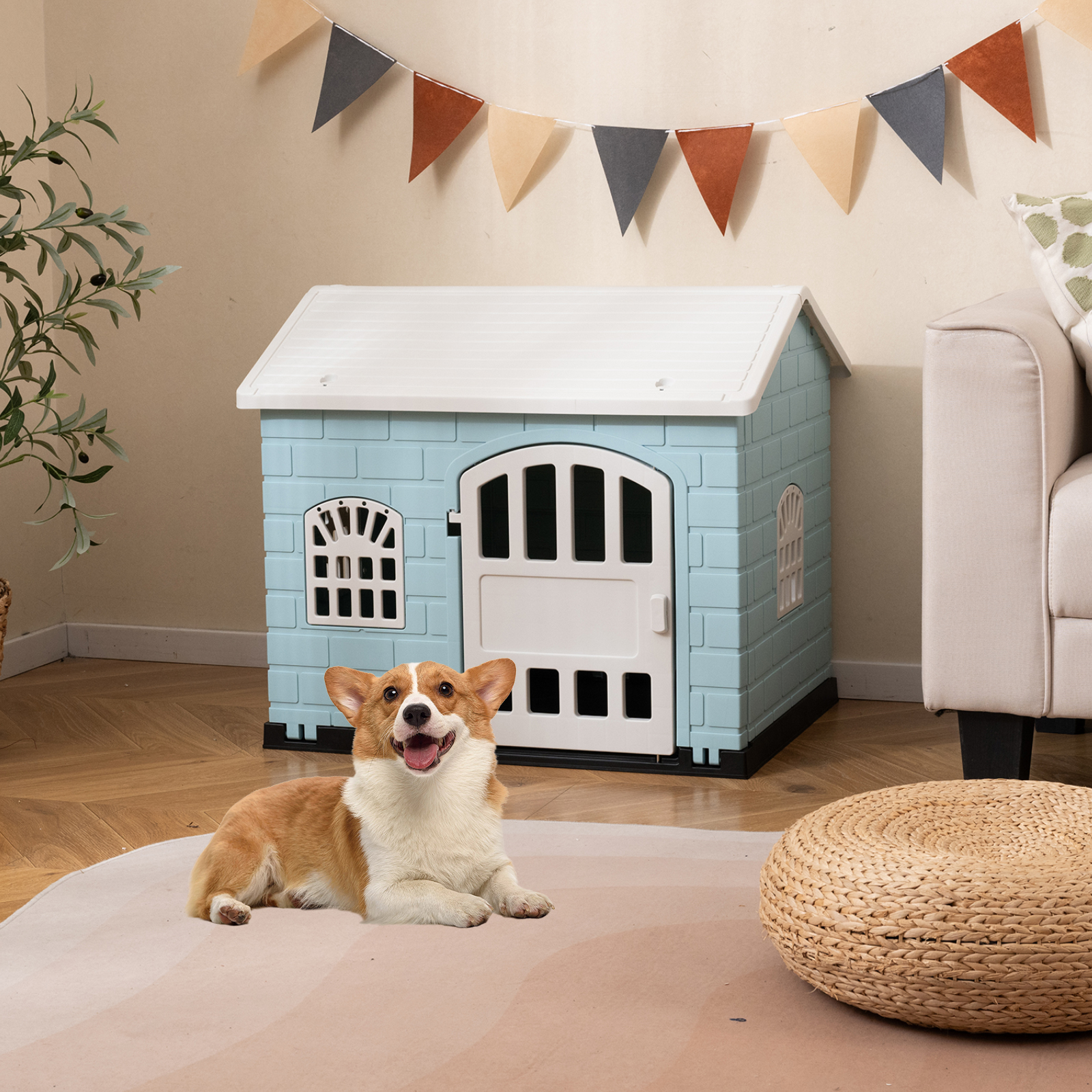 Image of Plastic Dog House, Outdoor Indoor Pet Shelter With Lockable Door, 3 Windows, Slanted Roof, Weatherproof Puppy Cage Kennel For Small Dogs Cats, Easy To Assemble