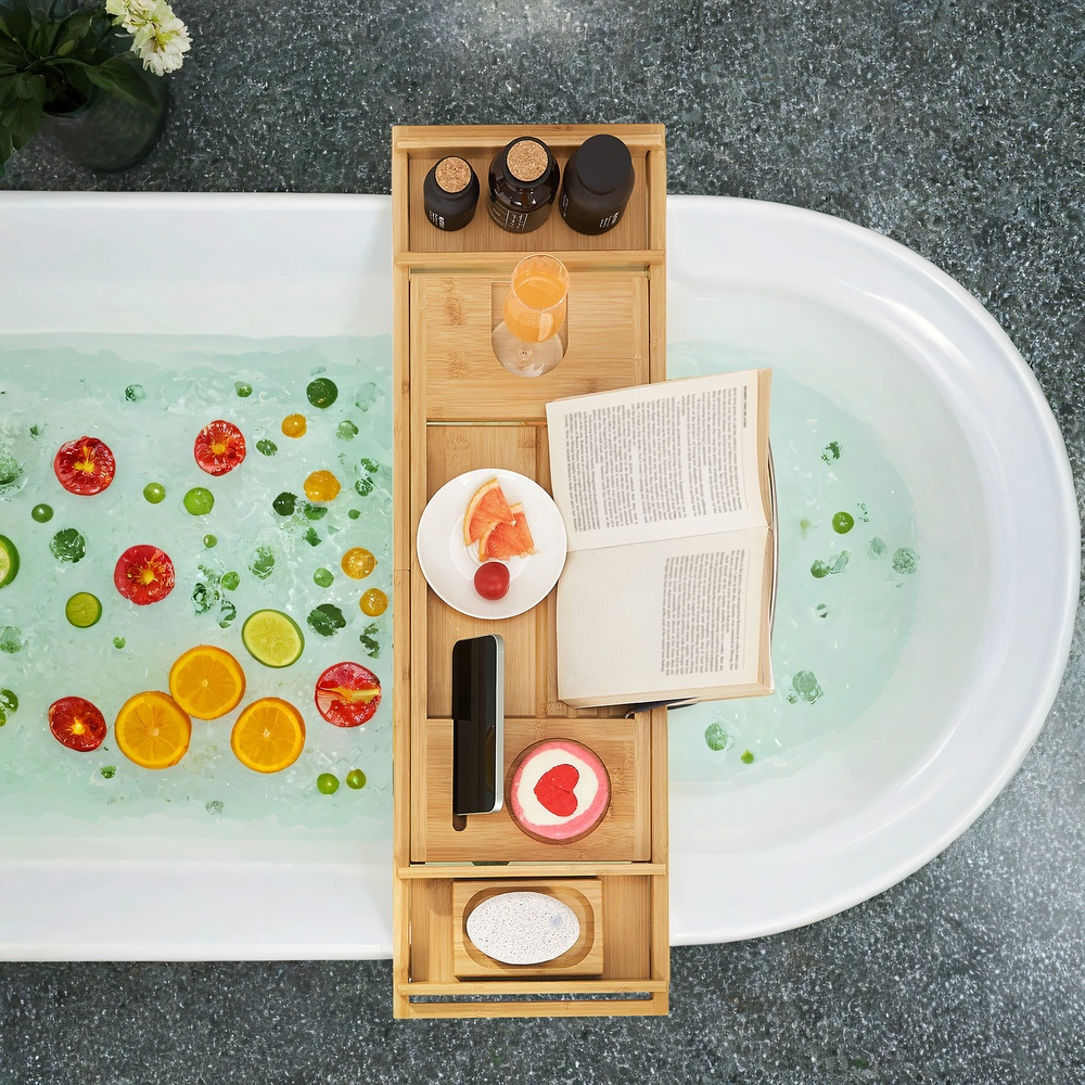 Retractable Bathtub Tray, Adjustable Bathtub Board, Bathtub Shelves With Cup Holder, Book Stand, Soap Holder