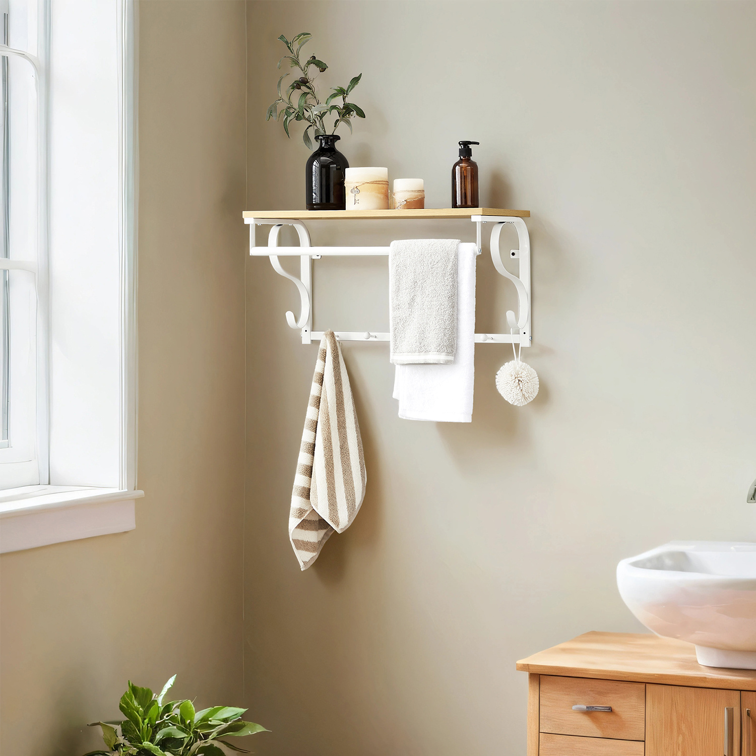 Wall Coat Rack, Wall Shelf With 5 Hooks And Shelf, Hook Rail With Hanging Rod, , For Hallway, Oak-colored White