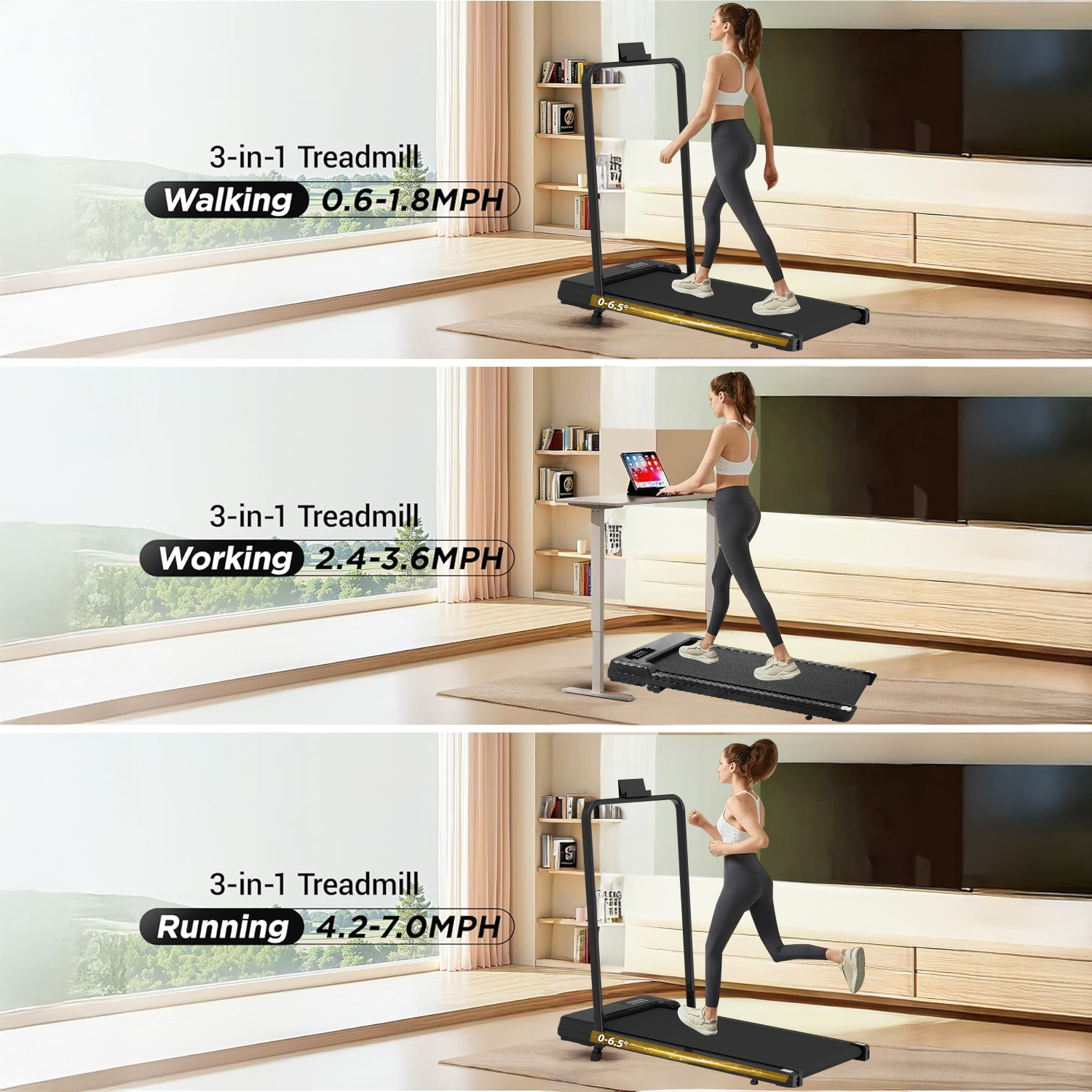 Foldable Under Desk Treadmill 1-8 KM/H Portable Walking Pad With Remote Control Adjustable Incline Walking Machine for Home Office