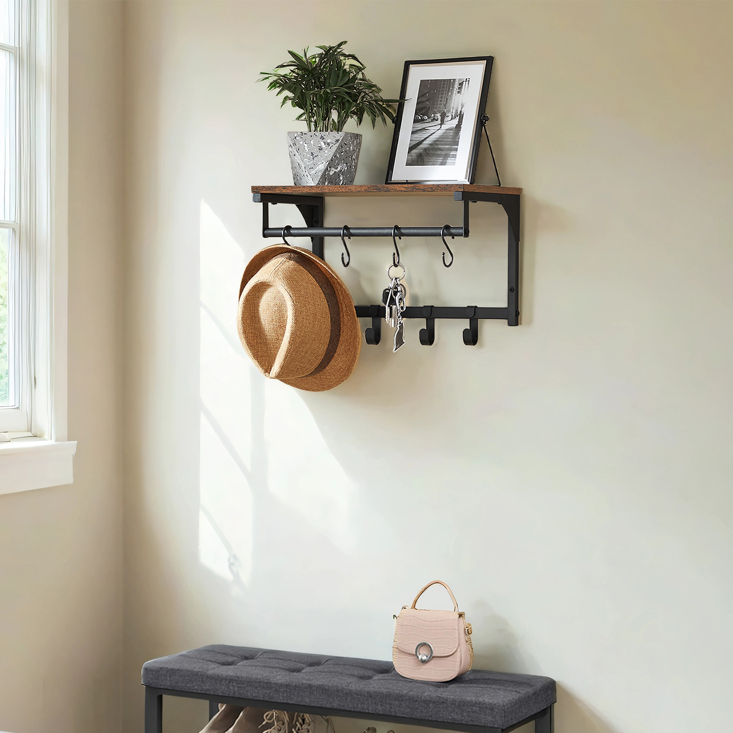 Wardrobe, Closet With 8 Hooks And Shelf, For Living Room, Hallway, Bedroom, 40 X 24 X 24 Cm, Brown-black