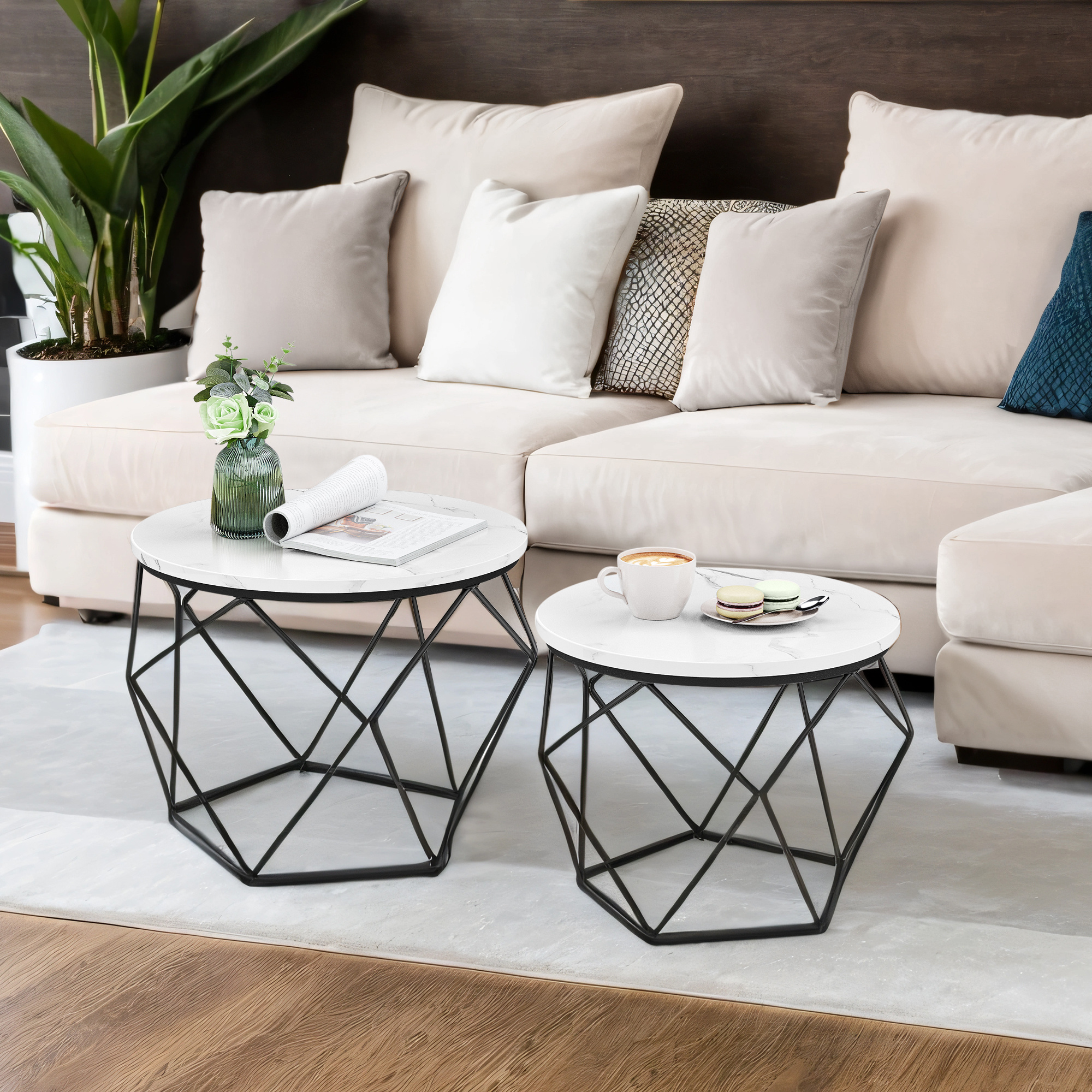 E-shop Couchtisch rund, 2er Set, Wohnzimmertisch, Beistelltisch, modern, abnehmbare Tischplatte, Wohnzimmer, marmorweiß-tintenschwarz