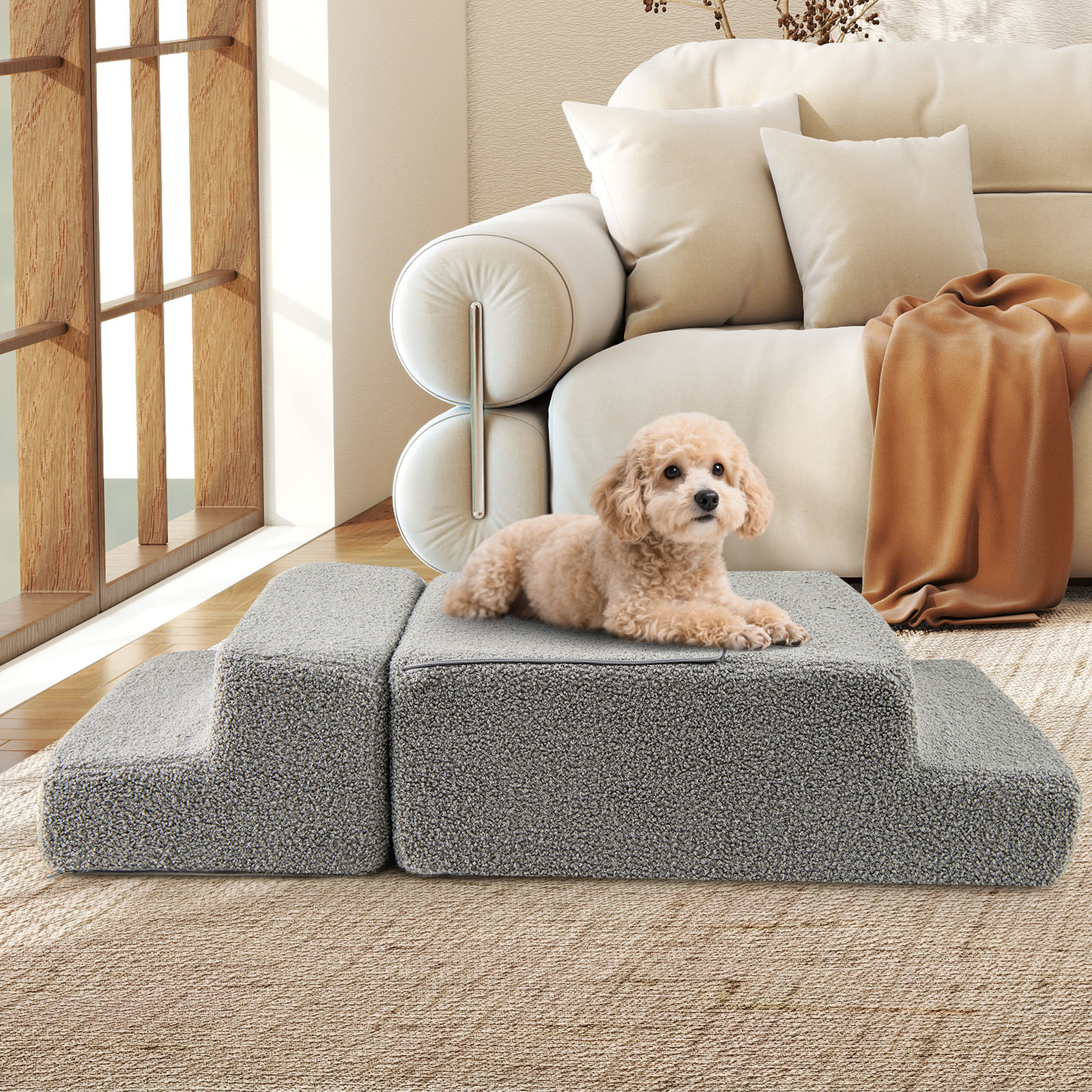 Image of 4-step Foam Dog Stairs, Foldable Dog Ramp W/ Non-slip Bottom & Removable Washable Cover For High Bed Sofa Couch, Pet Ladder For Small, Elderly , Non Assembly, Grey