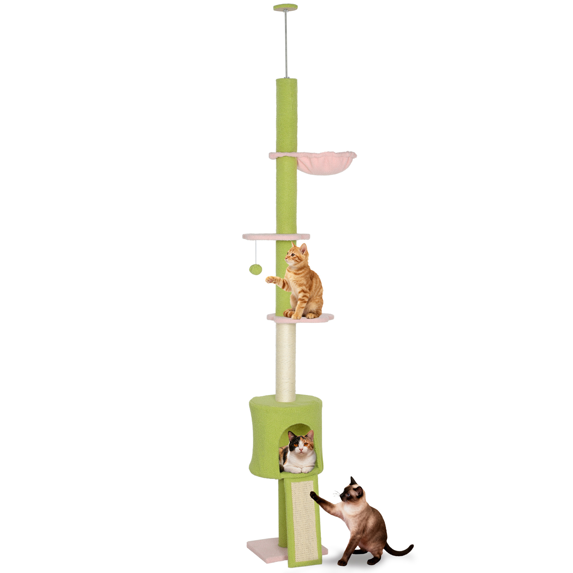 TEMU Arbre à Chat au Plafond avec Plateformes Fleur, 5 Niveaux, Hauteur Réglable 220-240 cm, Griffoir pour Chat avec Niche, Hamac et Rampe, Centre
