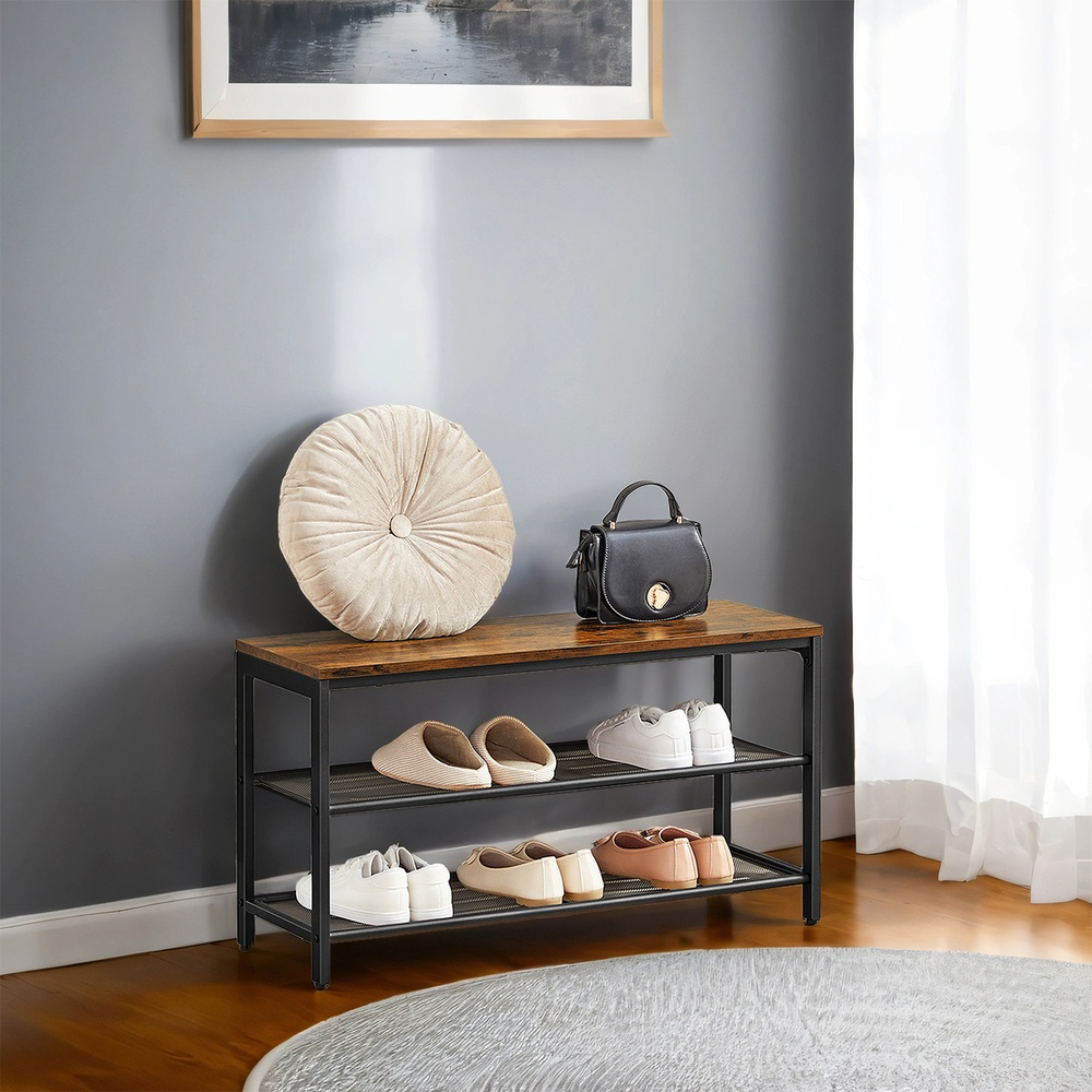 Image of 2-tier Shoe Rack, Shoe Cabinet, 80 X 30 X 44.5 Cm, Shoe Cabinet, Made Of Metal, Industrial Style, Brown-black