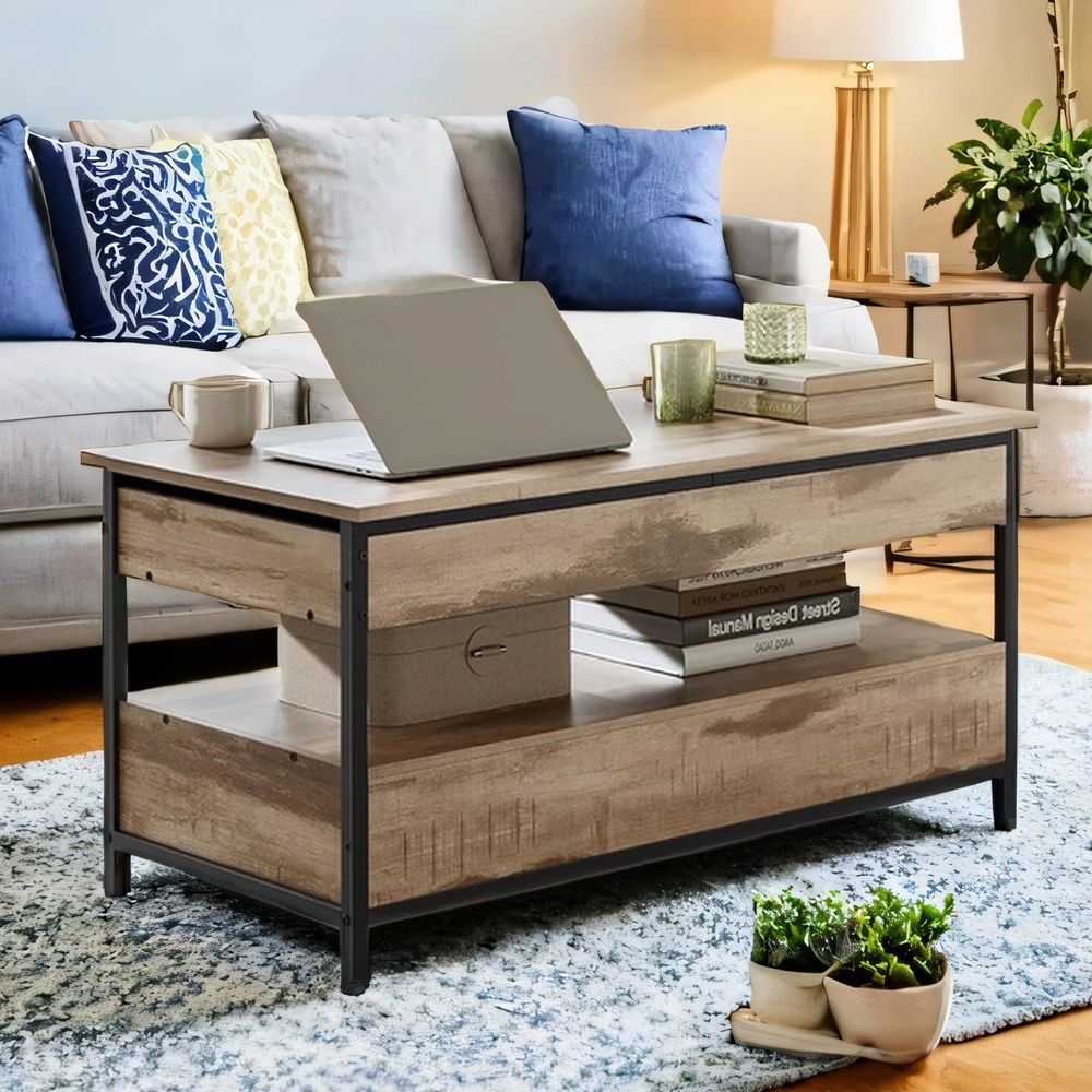 TEMU Multifunctional Sofa Table 50 X 100 Cm Adjustable Height, Living Room Table/coffee Table/sofa Table, Lift- Table Top, With Drawers, Open Storage