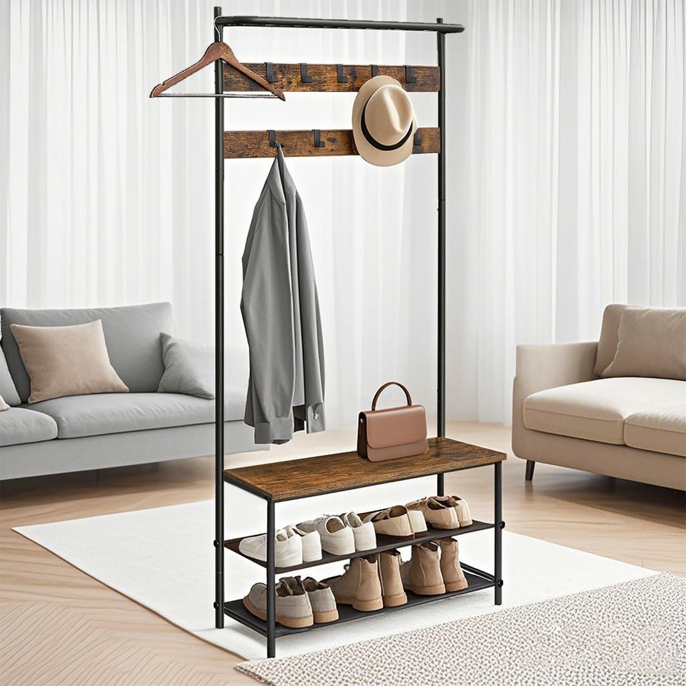 Wardrobe Stands, Wardrobe With Shoe Bench, Clothes Rack, Clothes Rail, 9 Removable Hooks, 32.2 X 84 X 180 Cm, -black
