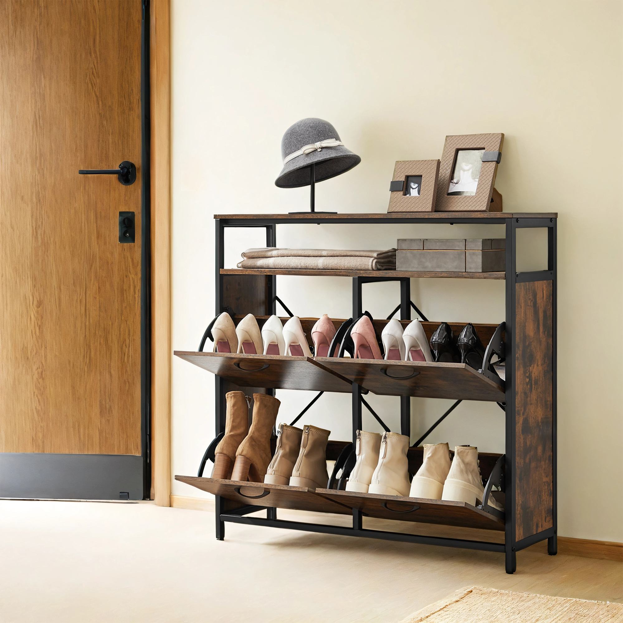 Image of Shoe Cabinet, Narrow Shoe Rack, Shoe With 4 Flaps, For 12 Pairs Of Shoes, 30 X 98.3 X 95 Cm, -black.