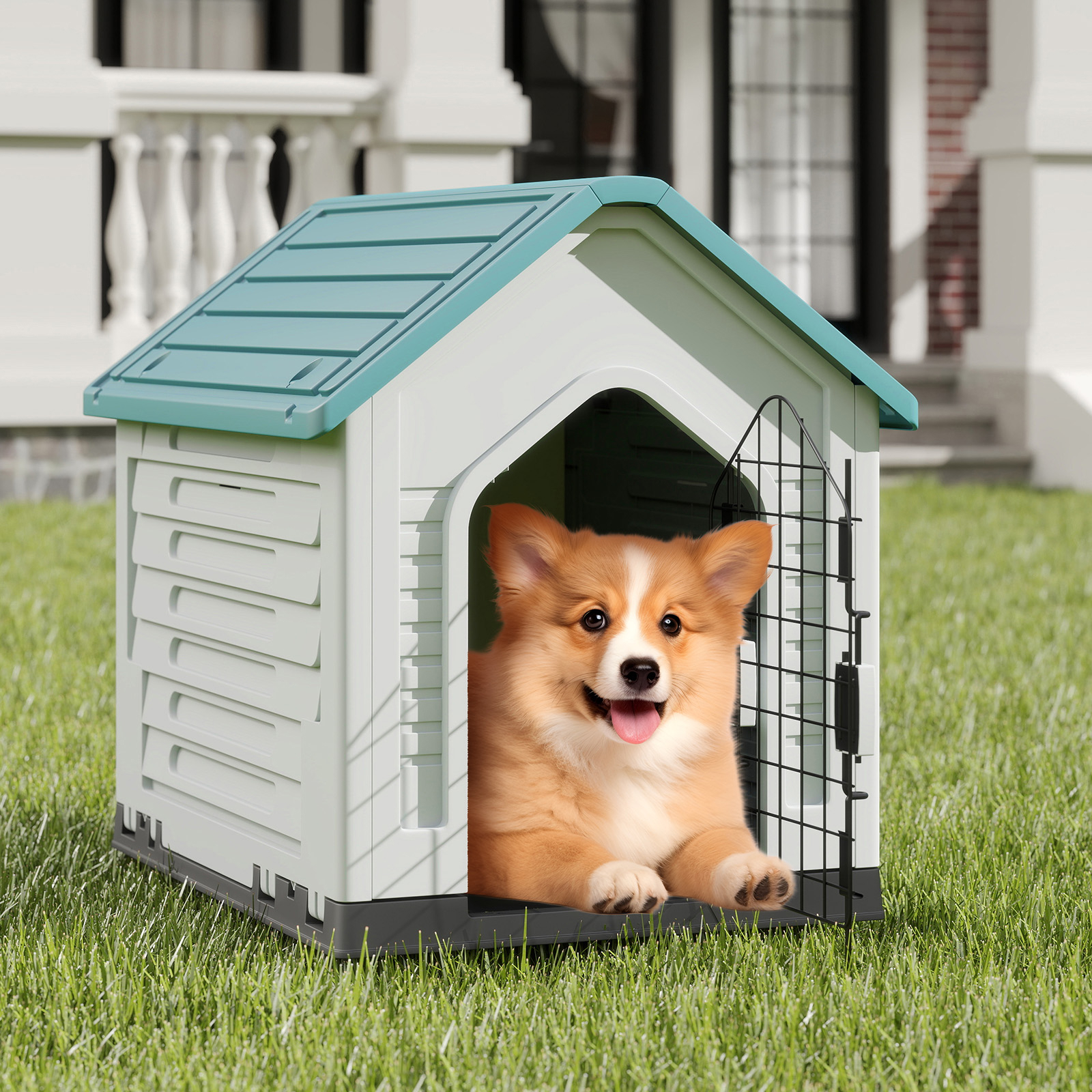 Plastic Dog House, Indoor Outdoor Pet Shelter With Metal Lockable Door, Air Vents & Roof For Small Dogs Cats, Puppy Cage Kennel For Home Deck Front Porch, Easy To Assemble