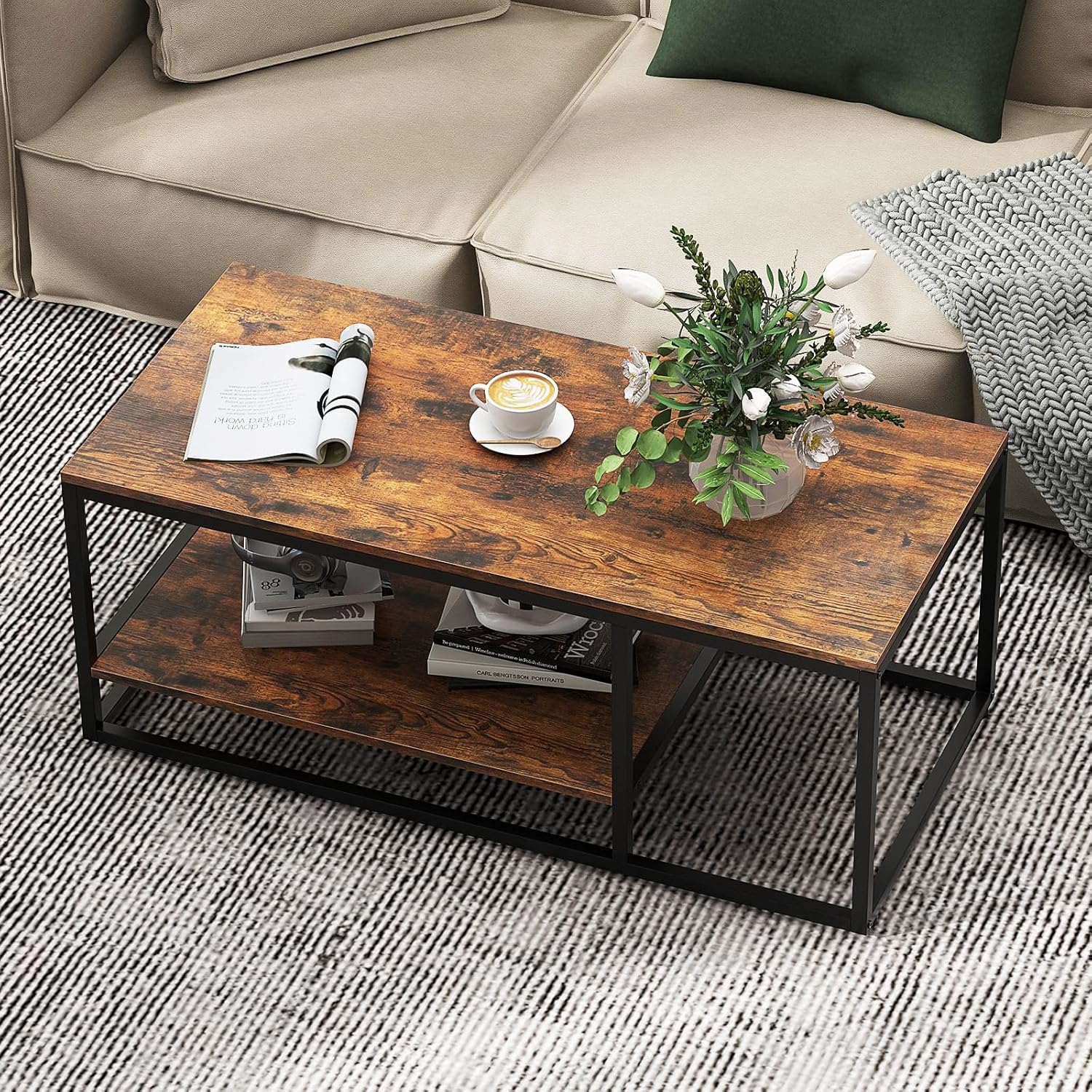 2-tier Industrial Coffee Table, 41.5 Inch/105 Cm Rectangle Center Table With Storage Shelf And Metal Frame, Wood Accent Table For Living Room, Rustic Brown