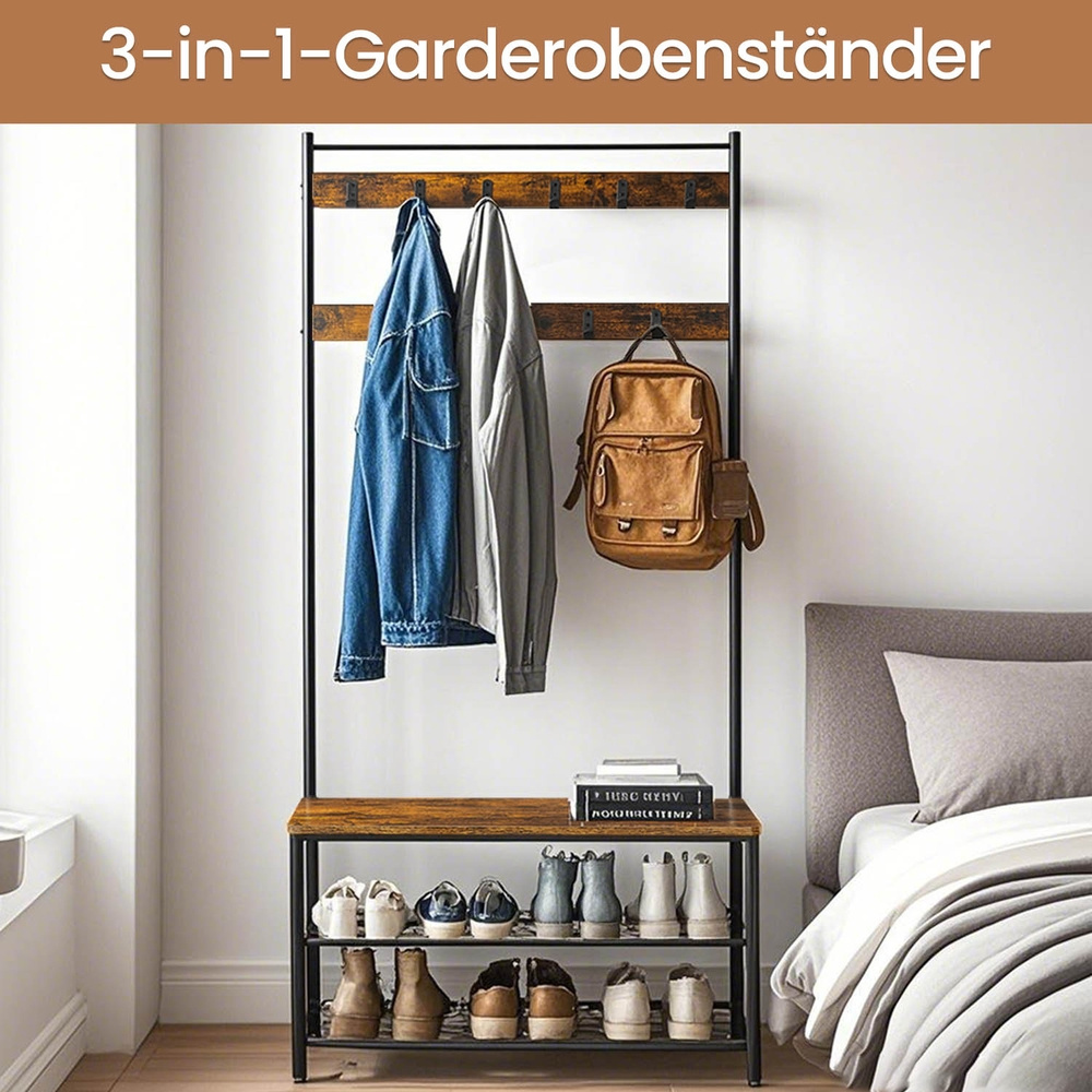 Coat Rack, Wardrobe, Garment Rack With Shoe Bench, 3-in-1 Design, Steel, For Entryway, -black