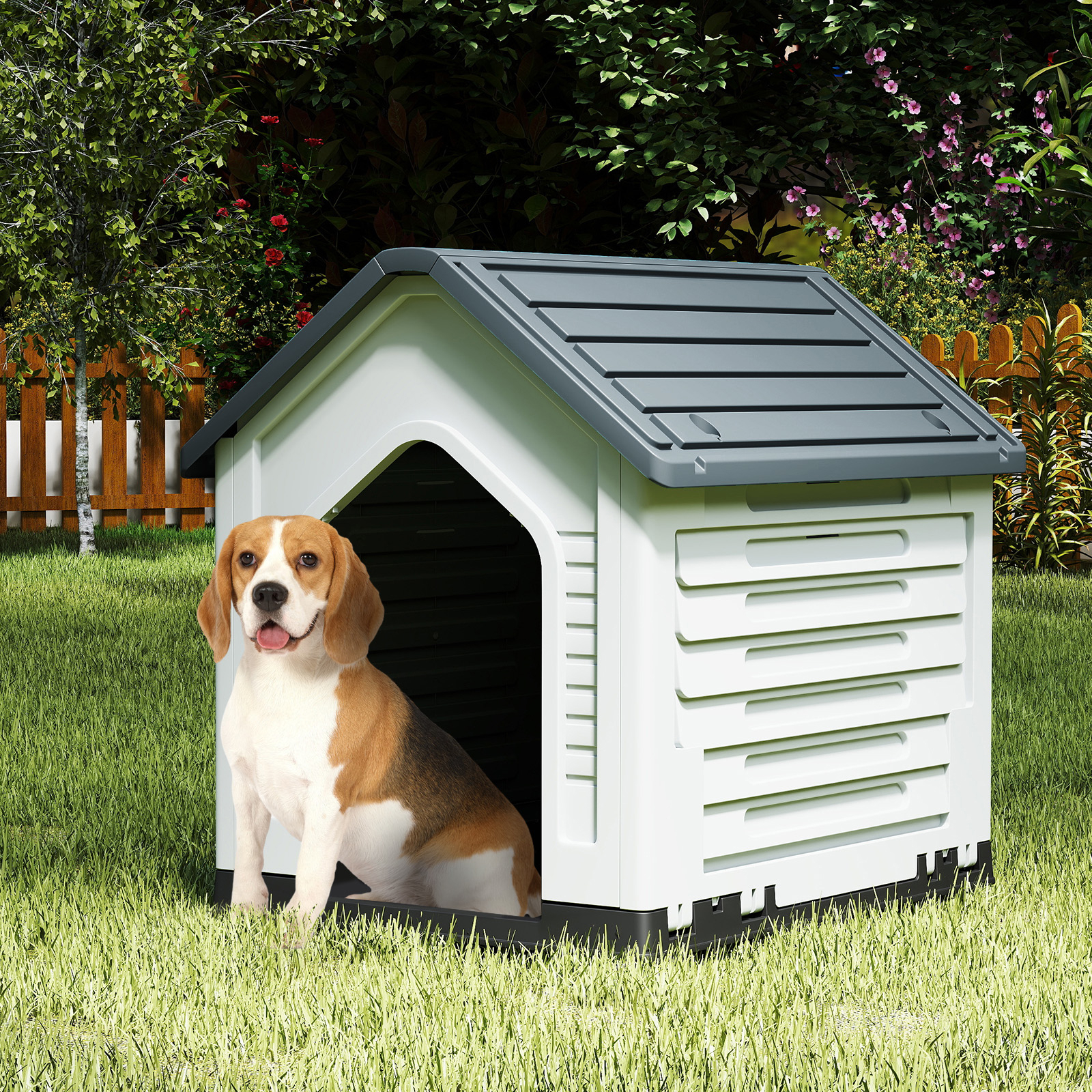 Image of Plastic Dog House, Indoor Outdoor Pet Shelter With Metal Lockable Door, Air Vents & Roof For Small Dogs Cats, Puppy Cage Kennel For Home Deck Front Porch, Easy To Assemble