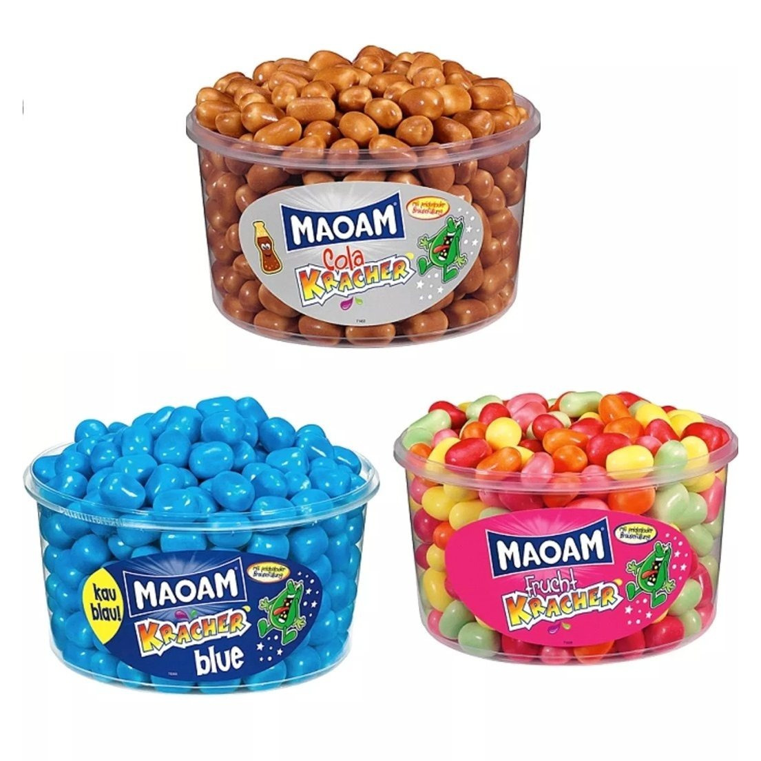 Image of 3 Cans Of Haribo Maoam, 3-pack, Cola Kracher, Kracher Blue, Fruit Kracher, Gummies 3600g
