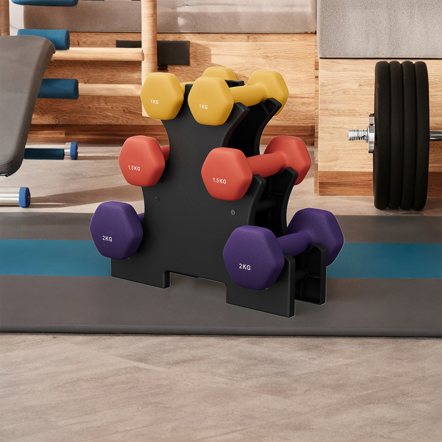 E-shop Hantel-Set, 3 Paar, 2 x 1 kg, 2 x 1,5 kg, kg, Kurzhantel, Fitnessstudio, Krafttraining, rutschfeste Neopren-Beschichtung, gelb, orange, lila