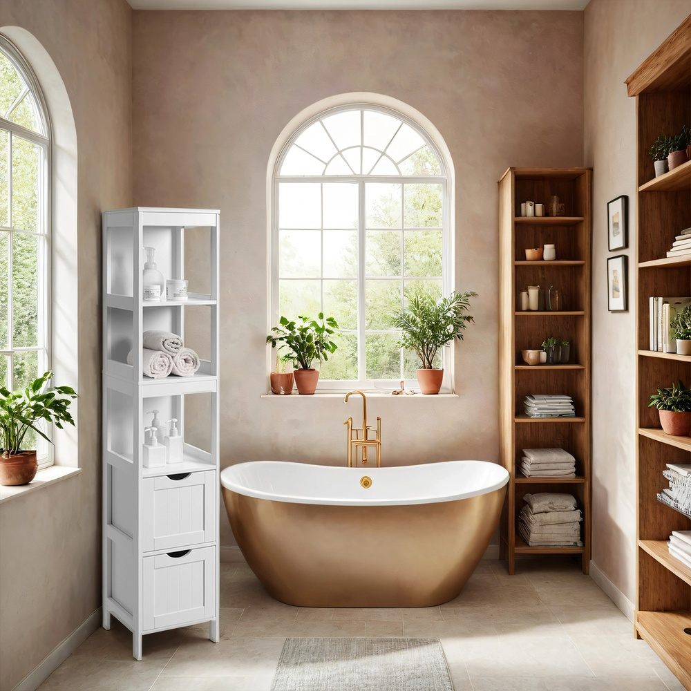 Bathroom Cabinet, Freestanding Cabinet, Bathroom Furniture, With 2 Drawers, Open Shelves, For Bathroom, Living Room, Kitchen