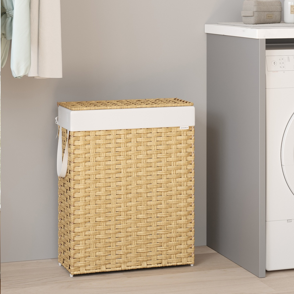 E-shop Wäschekorb schmal, Wäschesammler 55 L, mit Deckel und Griffen, Wäschebox aus synthetischem Rattan, faltbar, herausnehmbarer Wäschesack