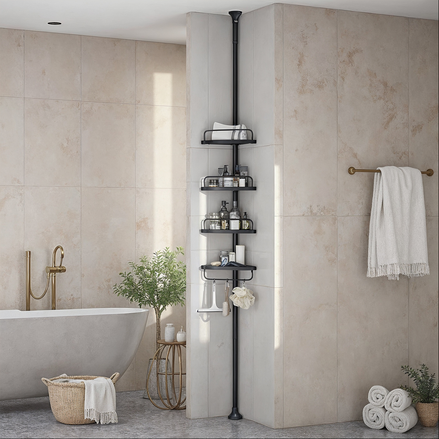 Shower Shelf, Corner Shelf Bathroom, With 4 Compartments, Bathroom Shelf, Overall Height 85-305 Cm, Height Adjustable, Bathroom Shelf
