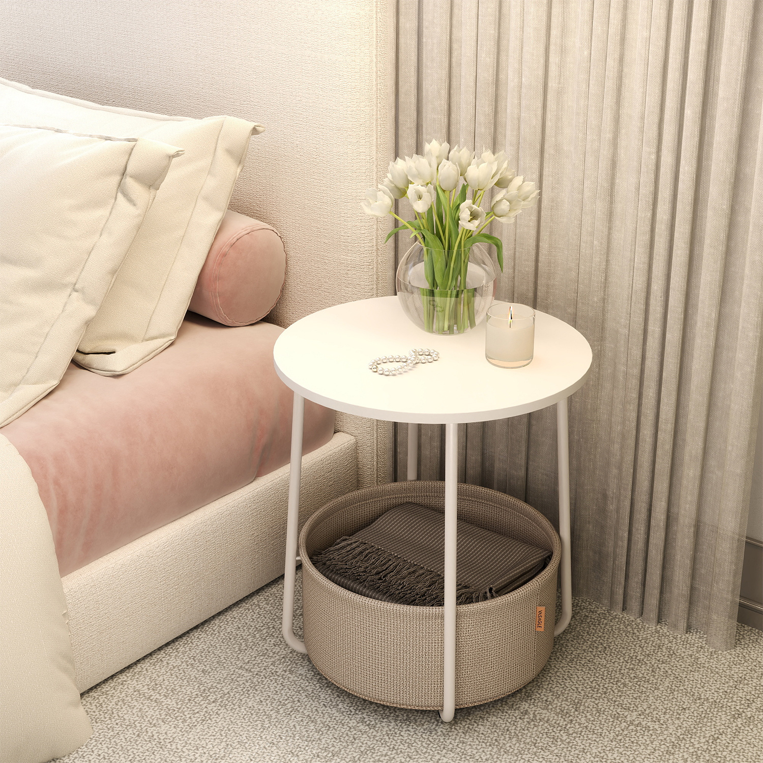 E-shop Couchtisch klein,Beistelltisch rund, kleiner Tisch, Wohnzimmertisch mit Stoffkorb, Stauraum für Wohnzimmer Schlafzimmer