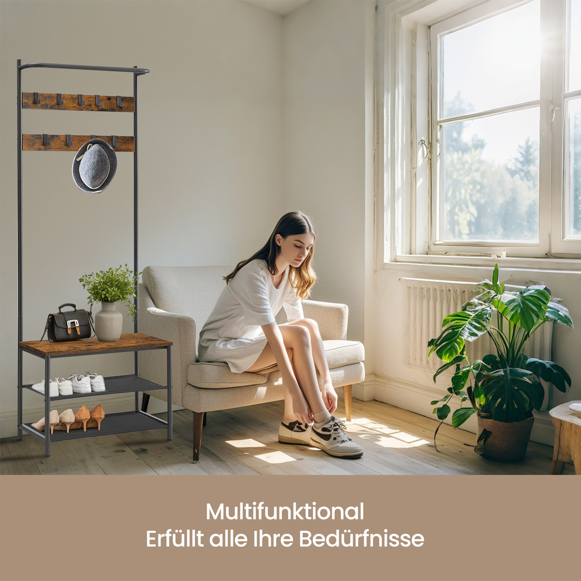 Image of Coat Rack With Shoe Bench, Garment Rack, Clothes Rail, 9 Detachable Hooks, 32.2 X 180 Cm