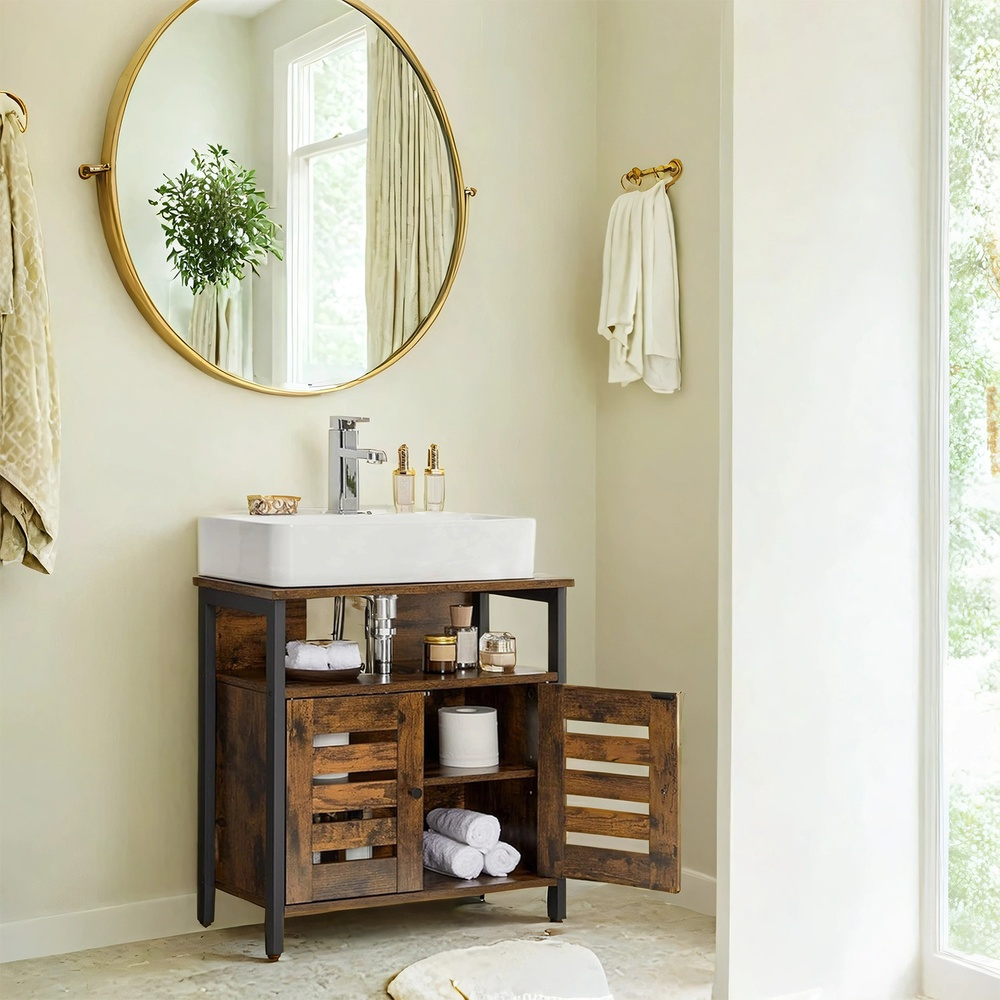 Bathroom Cabinet, Under-sink Storage Unit, 30 X 60 X 60 Cm, With 2 Slatted Doors, Brown-black