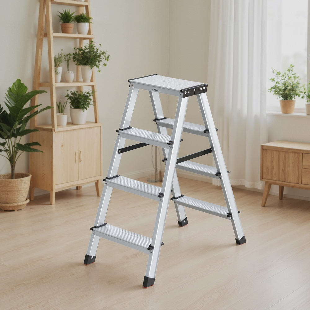 Image of Step Ladder, Aluminum Ladder With 2 Non-slip Steps, Folding Ladder, Ladder, Supports Up To 150 Kg, Silver--black