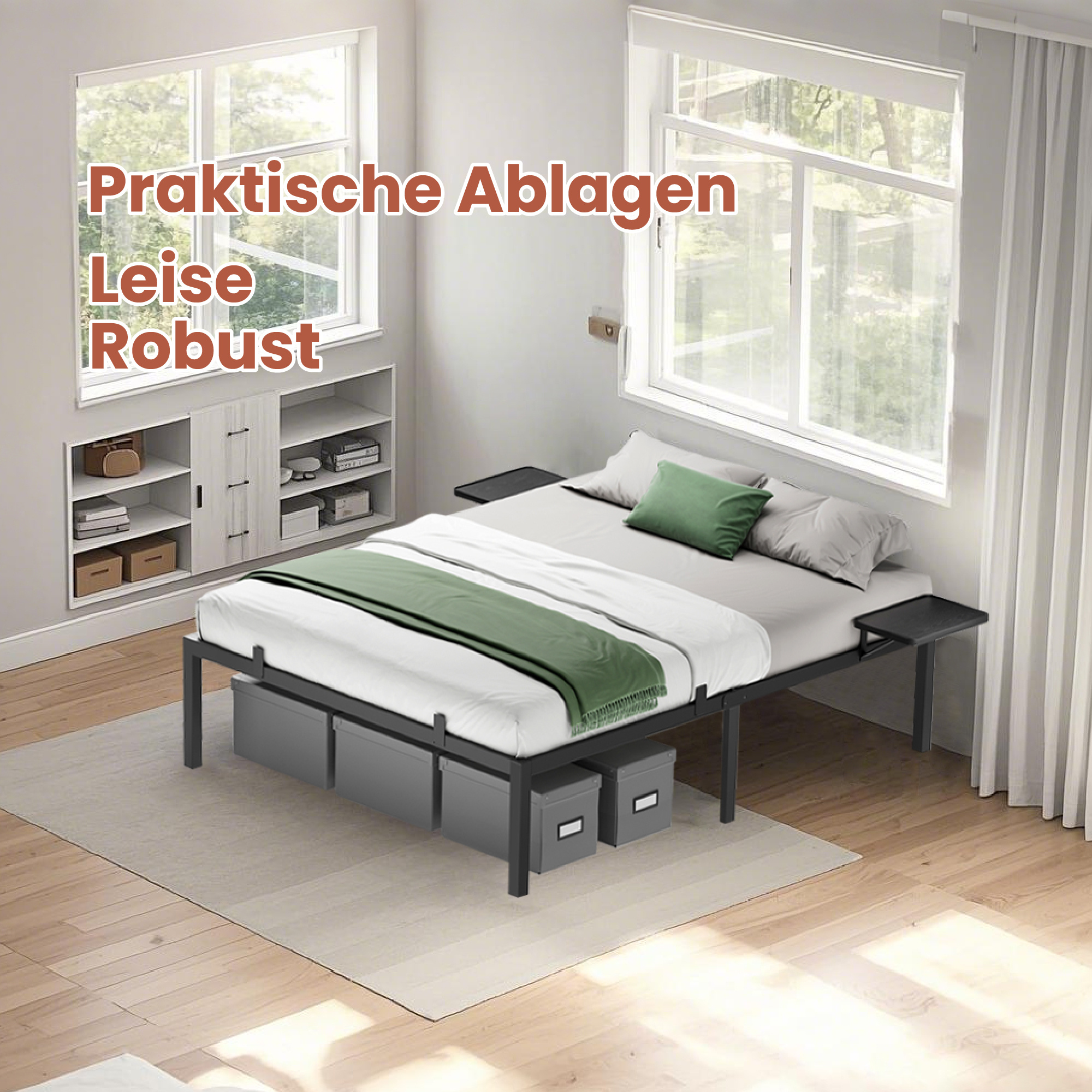 Bed Frame, 160 X 200 Cm, Bed Frame, Double Metal Bed With Storage Shelves, Guest Bed, Easy Assembly, Black