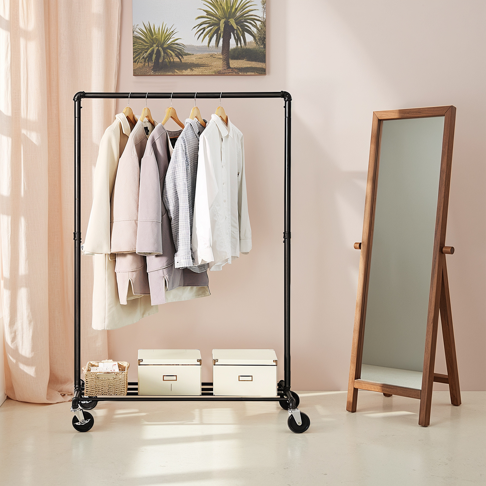Clothes Rack On Wheels, Garment Rack, Coat Rack With Shelf, For Bedroom, Laundry Room, Black