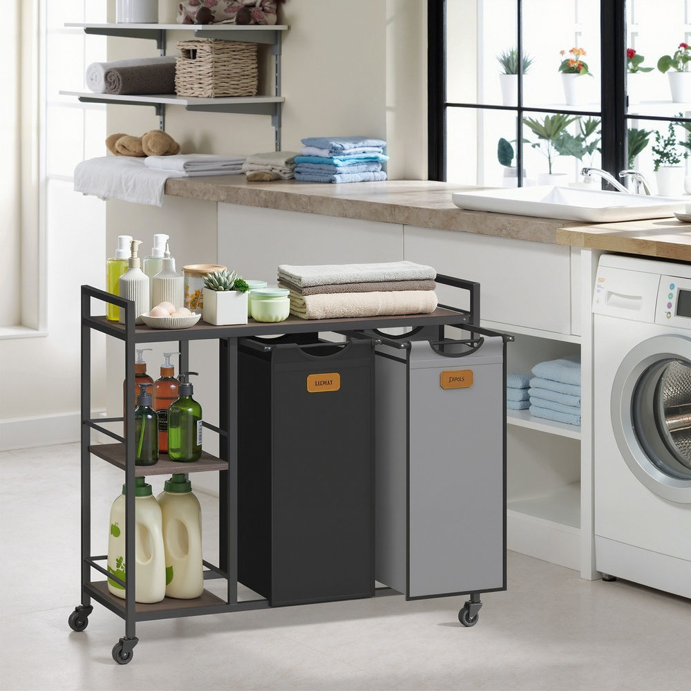 Image of Laundry Basket 2 Compartments, Laundry Collector 100 L, Laundry Sorter, Wheels, With Removable Bags