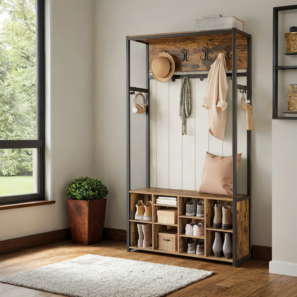 Wardrobe With Shoe Rack, Open Shelves, Hooks, Adjustable Shelves, Industrial Style, Brown-black