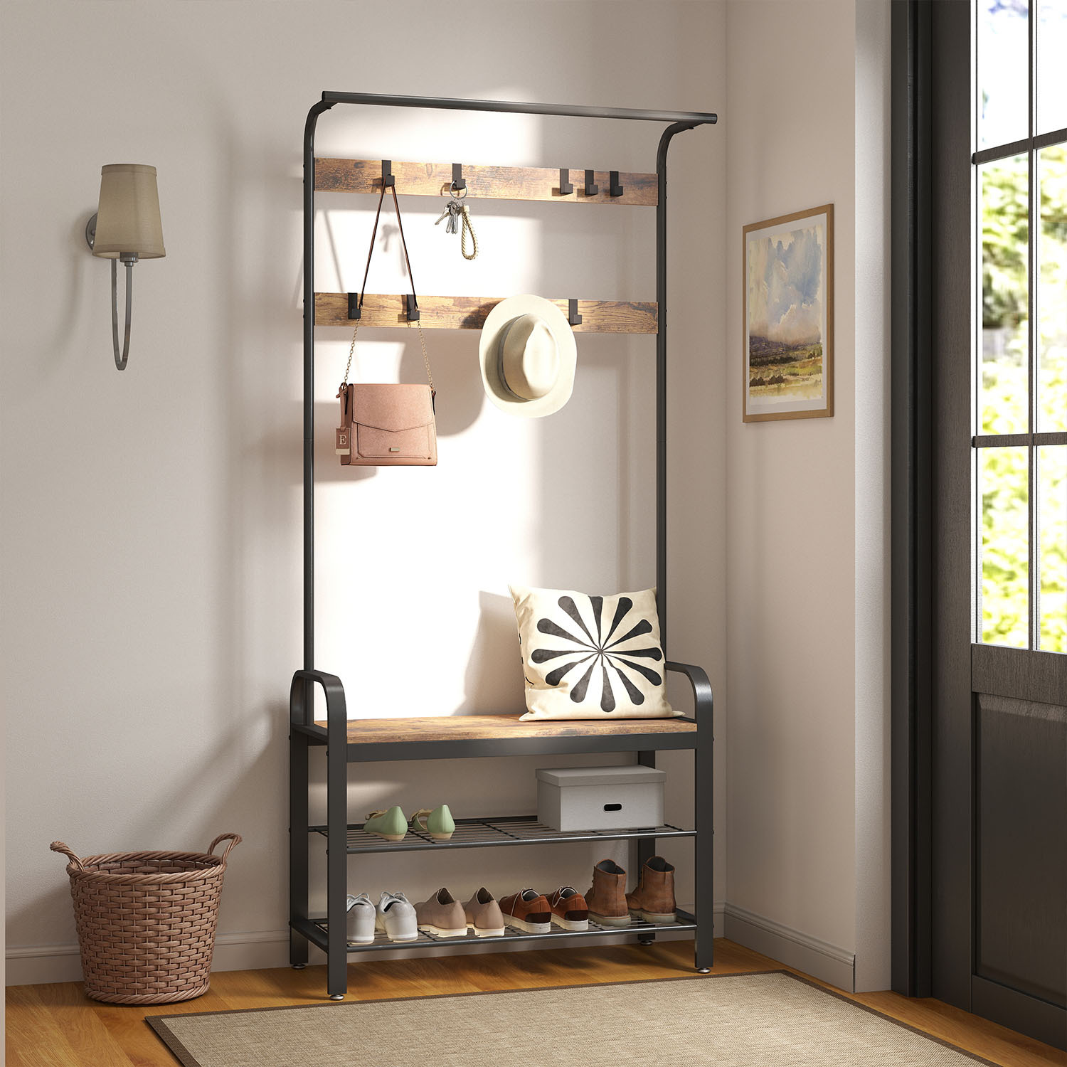 Clothing Racks, Wardrobe, Entrance Furniture, With Removable Hooks, And Shoe Rack, Metal Frame, Industrial, Grey-brown And Black
