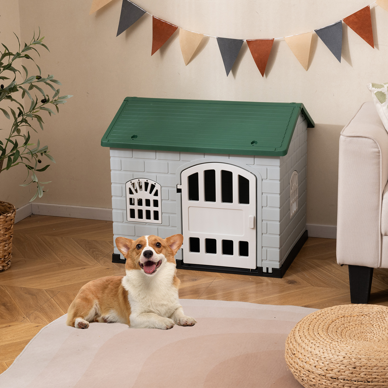 Plastic Dog House, Outdoor Indoor Pet Shelter With Lockable Door, 3 Windows, Slanted Roof, Weatherproof Puppy Cage Kennel For Small Dogs Cats, Easy To Assemble