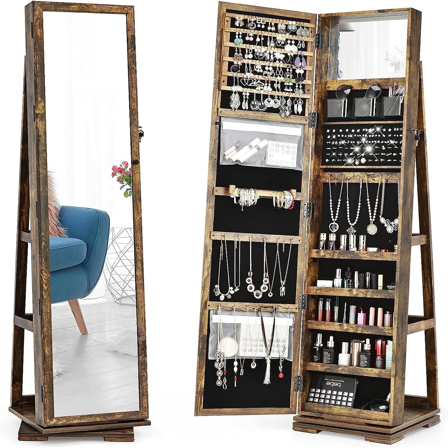 Image of 360° Rotating Jewelry Armoire, Lockable Jewelry Cabinet W/ Full-length Mirror & Mirror, Freestanding Cosmetics Storage Organizer W/ 24 Necklace Hooks, 78 Ring Slots, 120 Earring Slots
